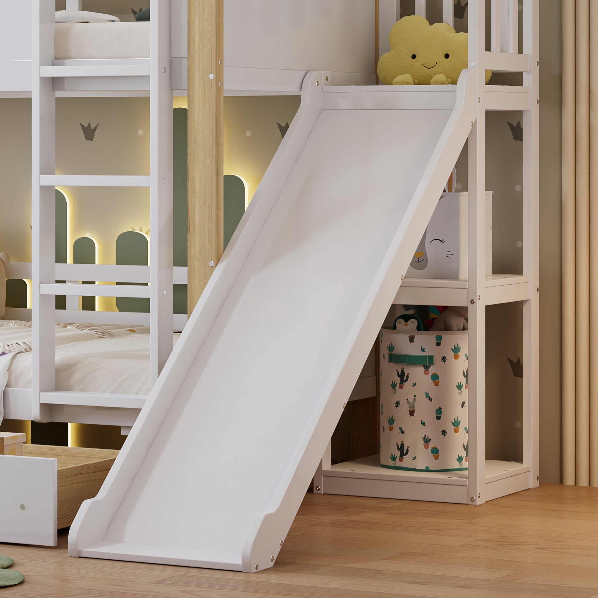 Logidon stapelbed 90x200 wit naturel met glijbaan en lades