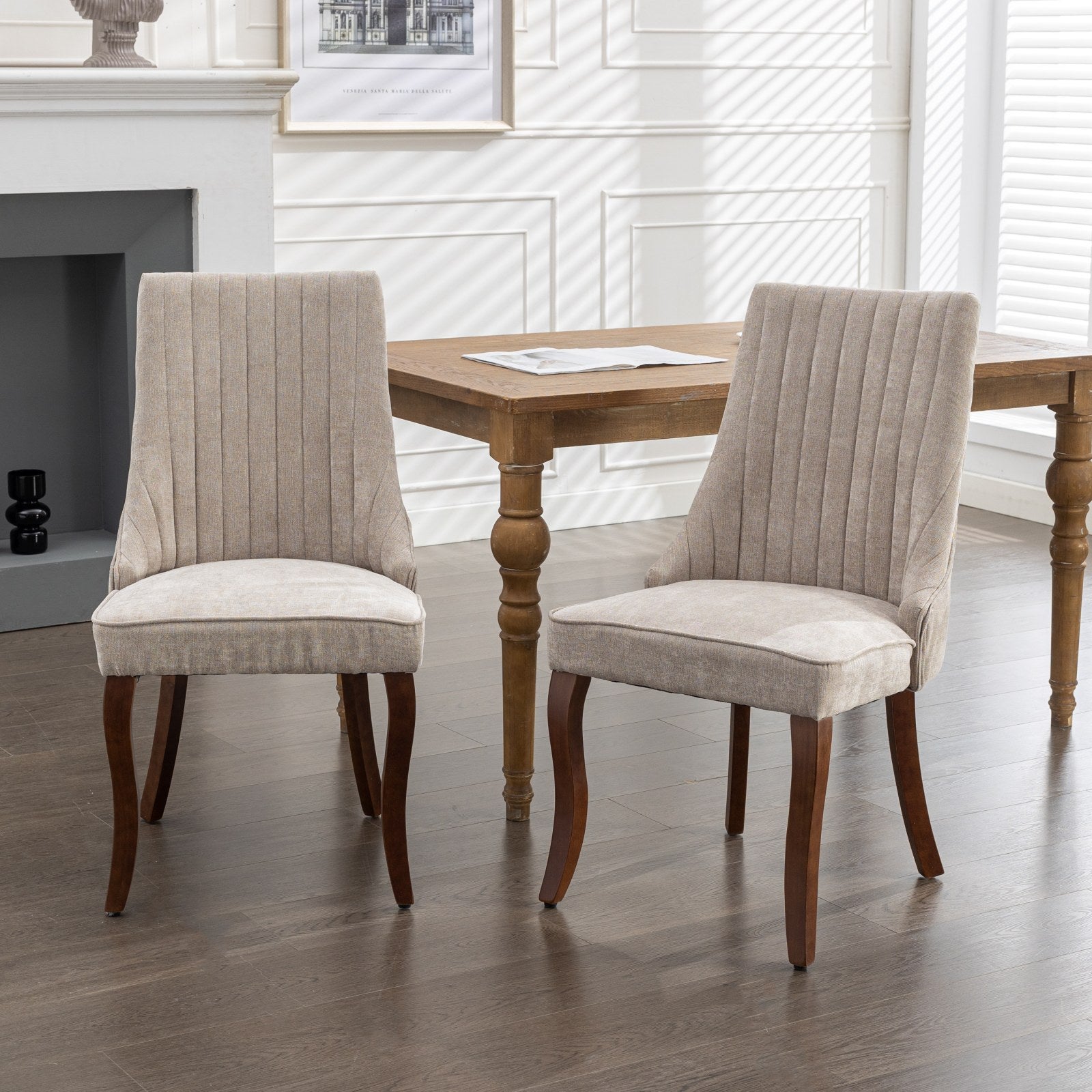 Logidon beige chenille eetkamerstoelen set van 2 massief houten poten