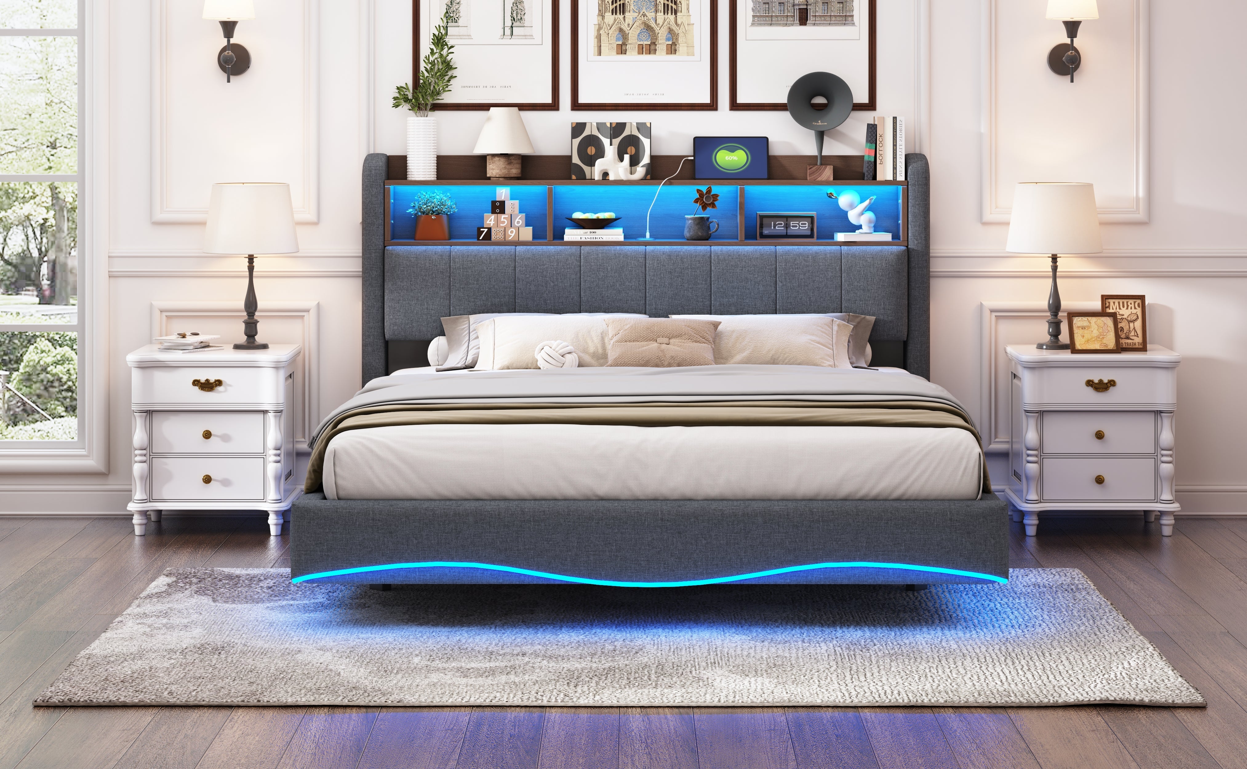 Logidon hangend gestoffeerd bed 160x200 grijs met LED-licht USB TypeC