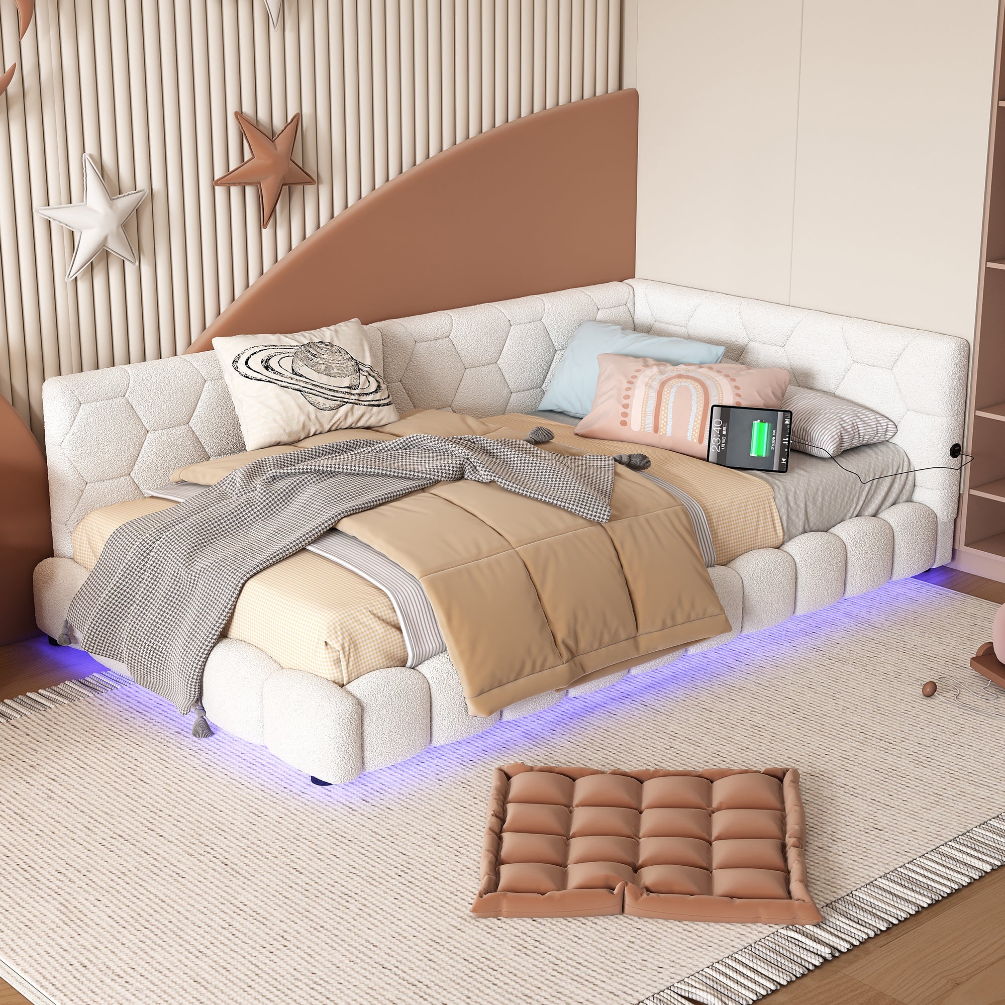 Logidon Daybed 90x200 cm slaapbank wit fluweel lattenbodem USB C