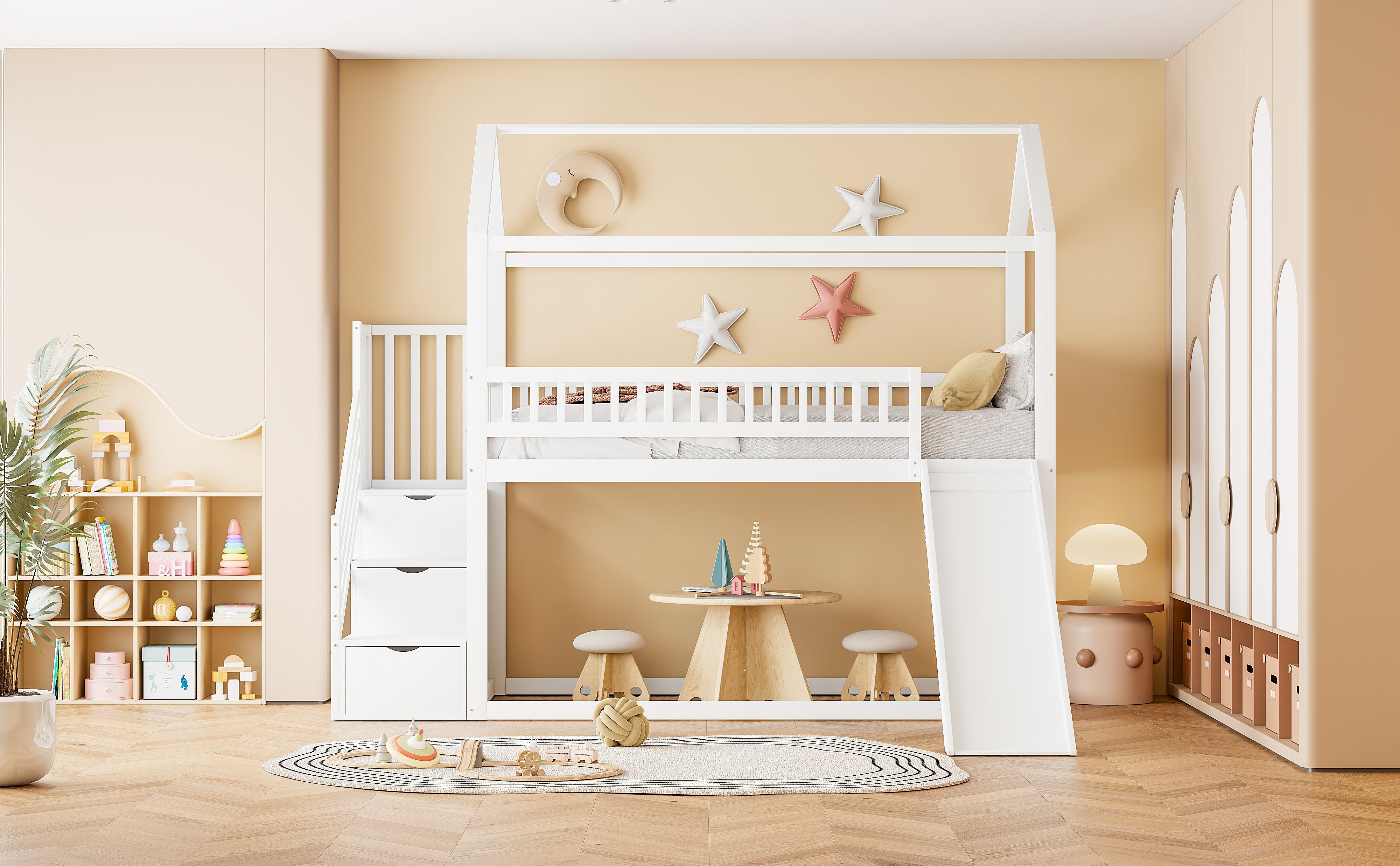 Logidon hoogslaper kinderstapelbed 90x200 wit glijbaan met opbergladder