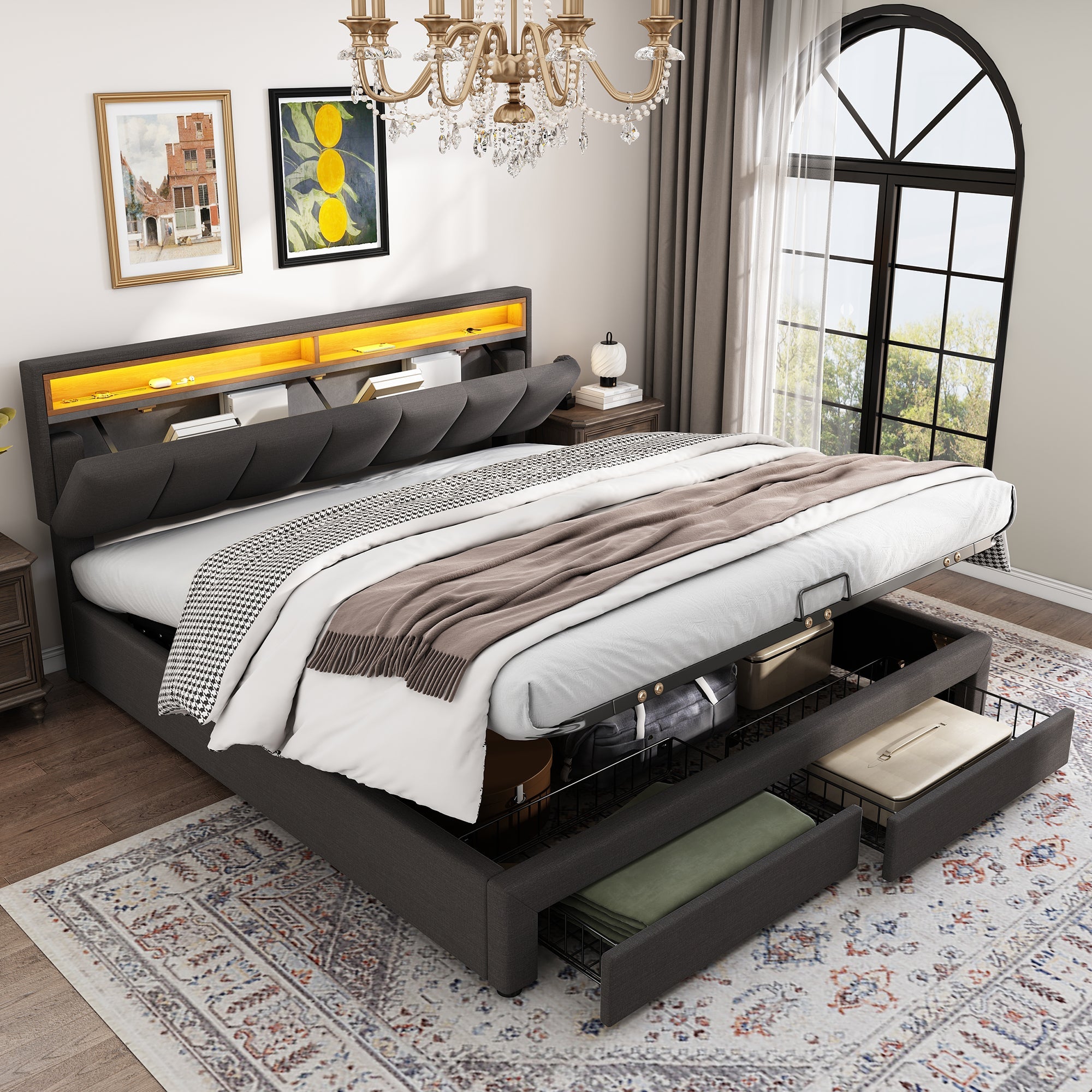 Logidon upholstered bed LED lighting hydraulic storage space 180x200 gray