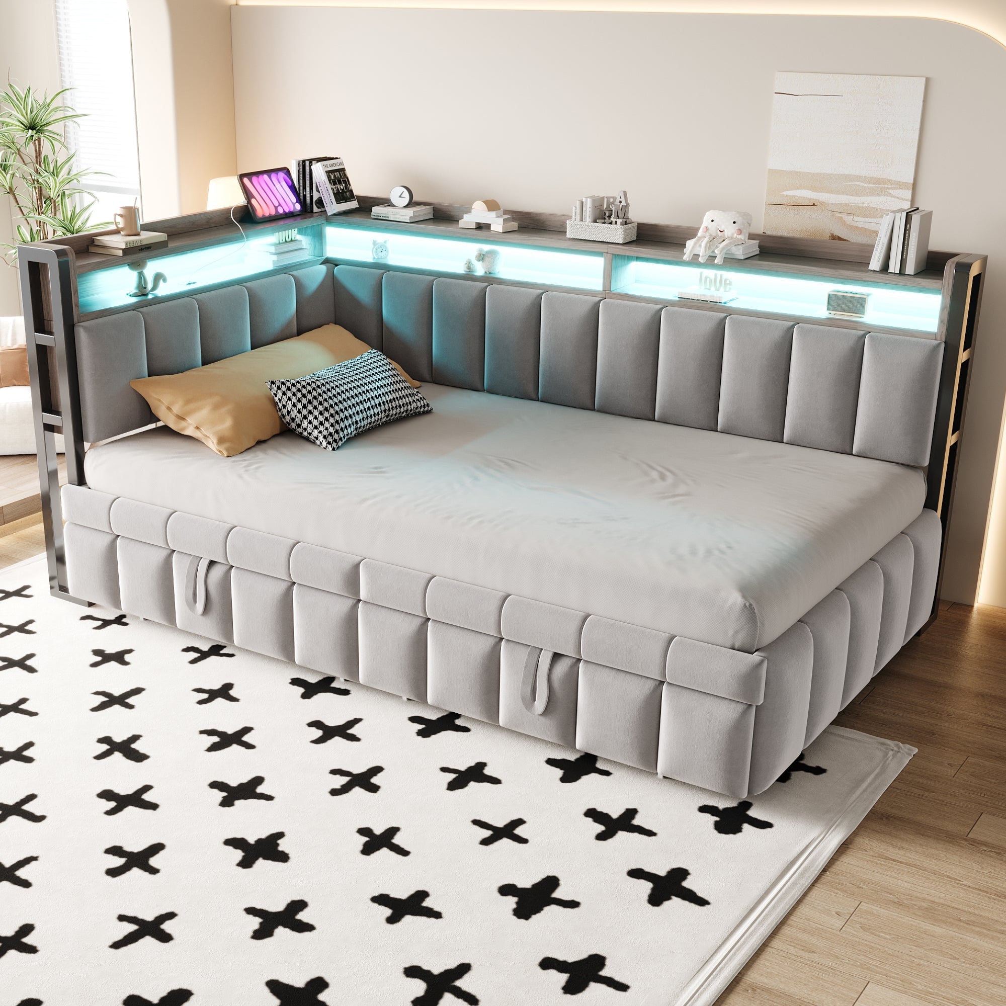 Logidon slaapbank gestoffeerd bed 90x200cm lichtgrijs uitschuifbaar LED USB