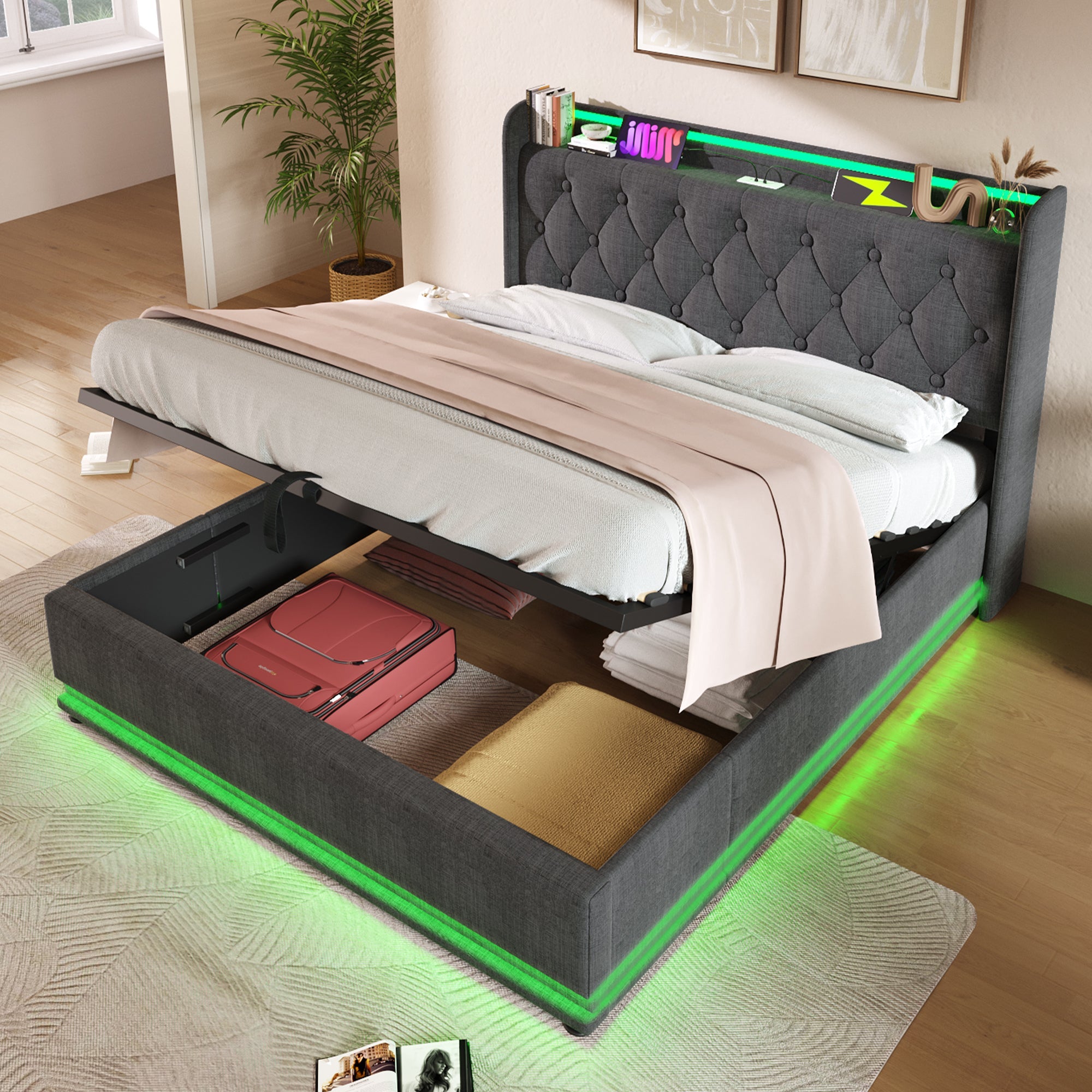 Logidon gestoffeerd bed tweepersoonsbed 180x200 cm grijs linnen LED-verlichting USB C