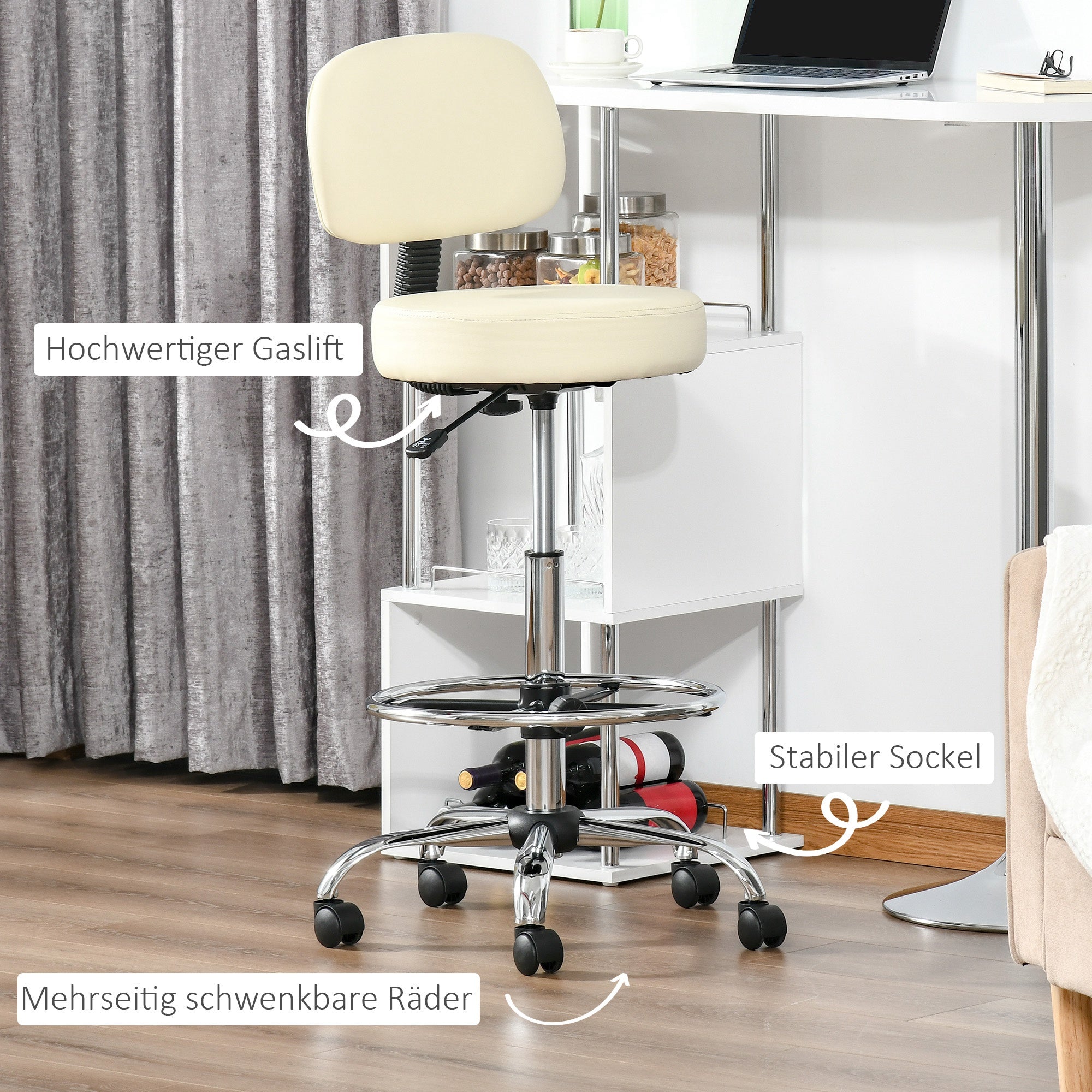 Logidon Swivel Bar Stool with Backrest Beige PU Cover Height Adjustable