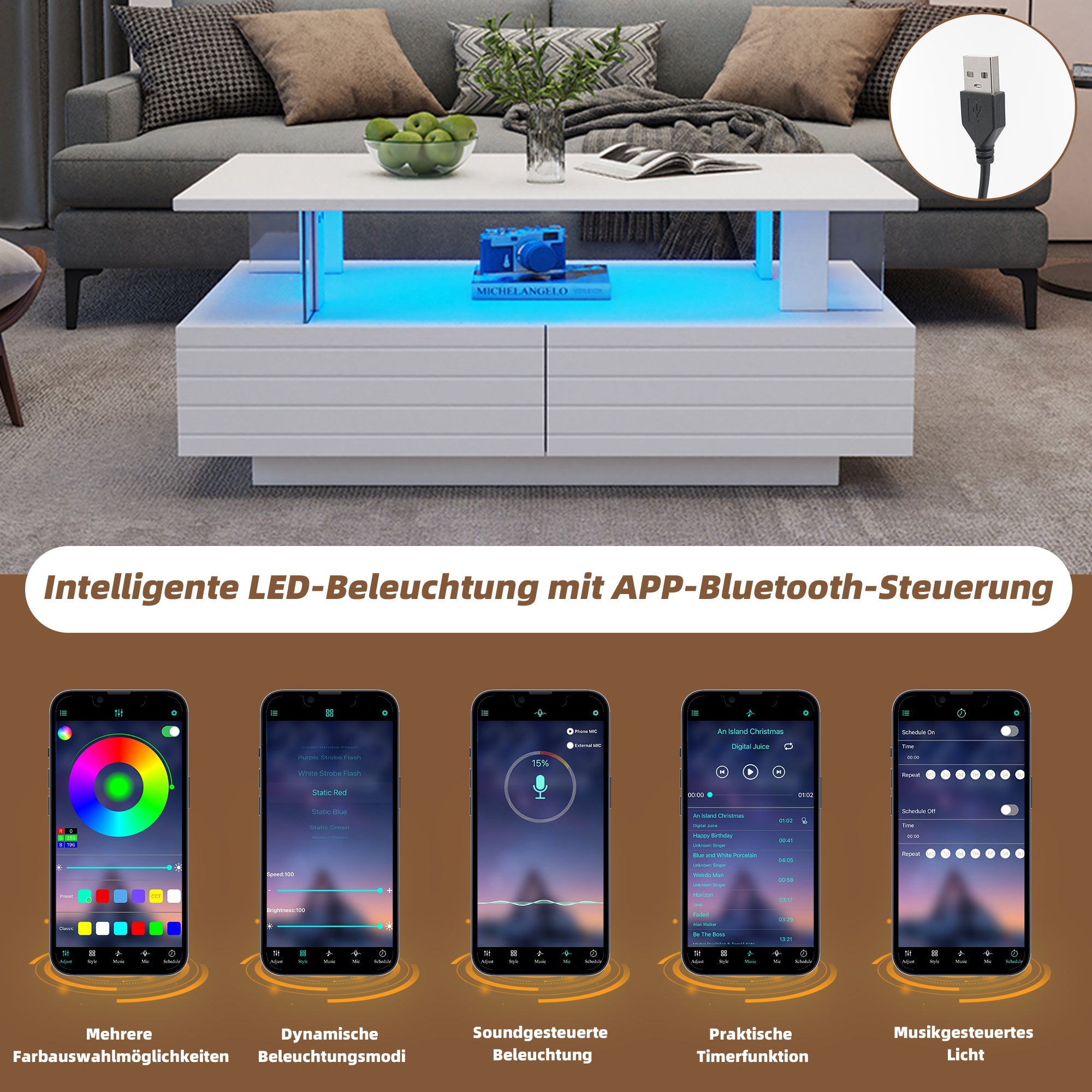 Logidon Witte LED Salontafel met Opbergruimte Bluetooth App Bediening 100x50x42 Cm