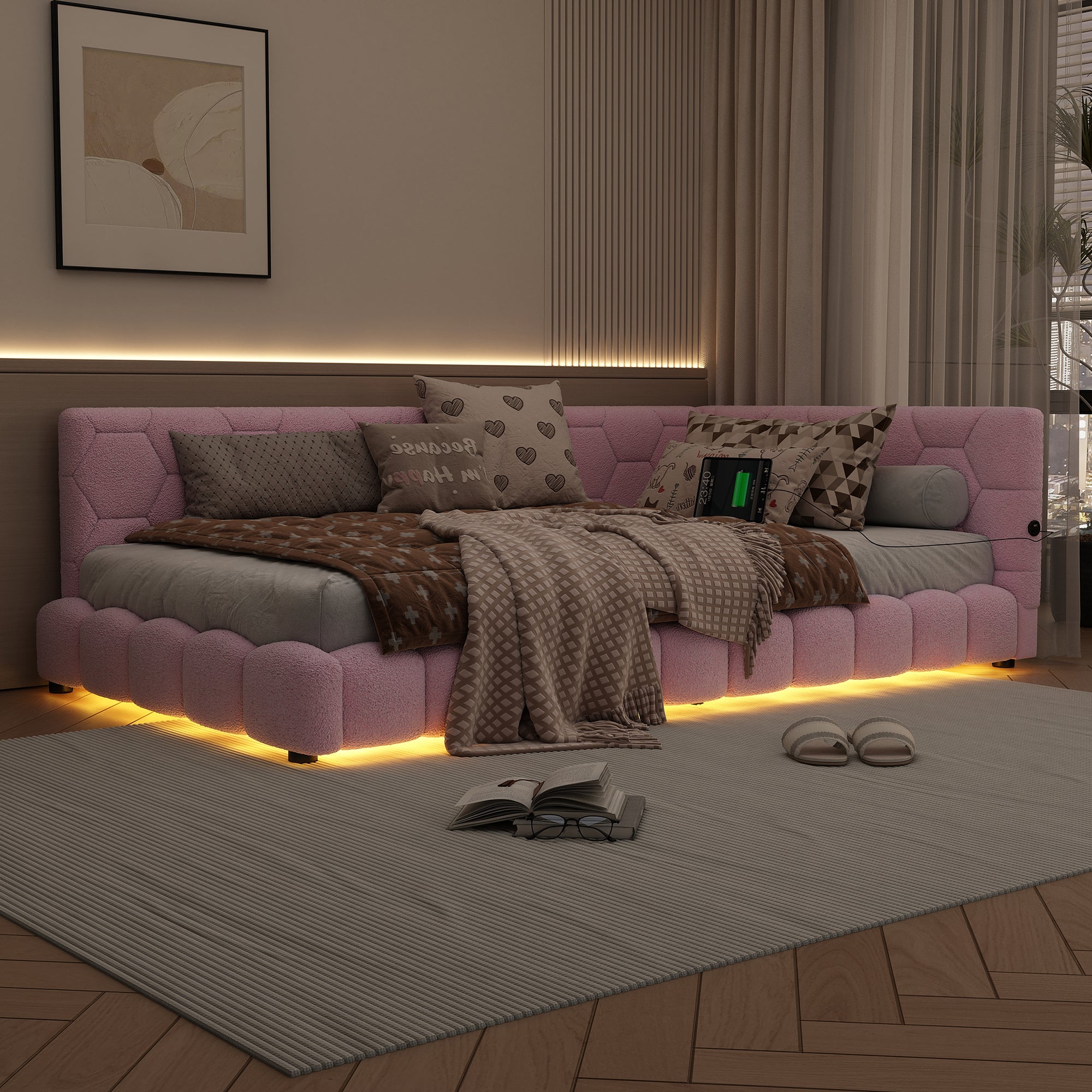 Logidon Daybed 90x200 roze slaapbank met USB TypeC lichte kleuren