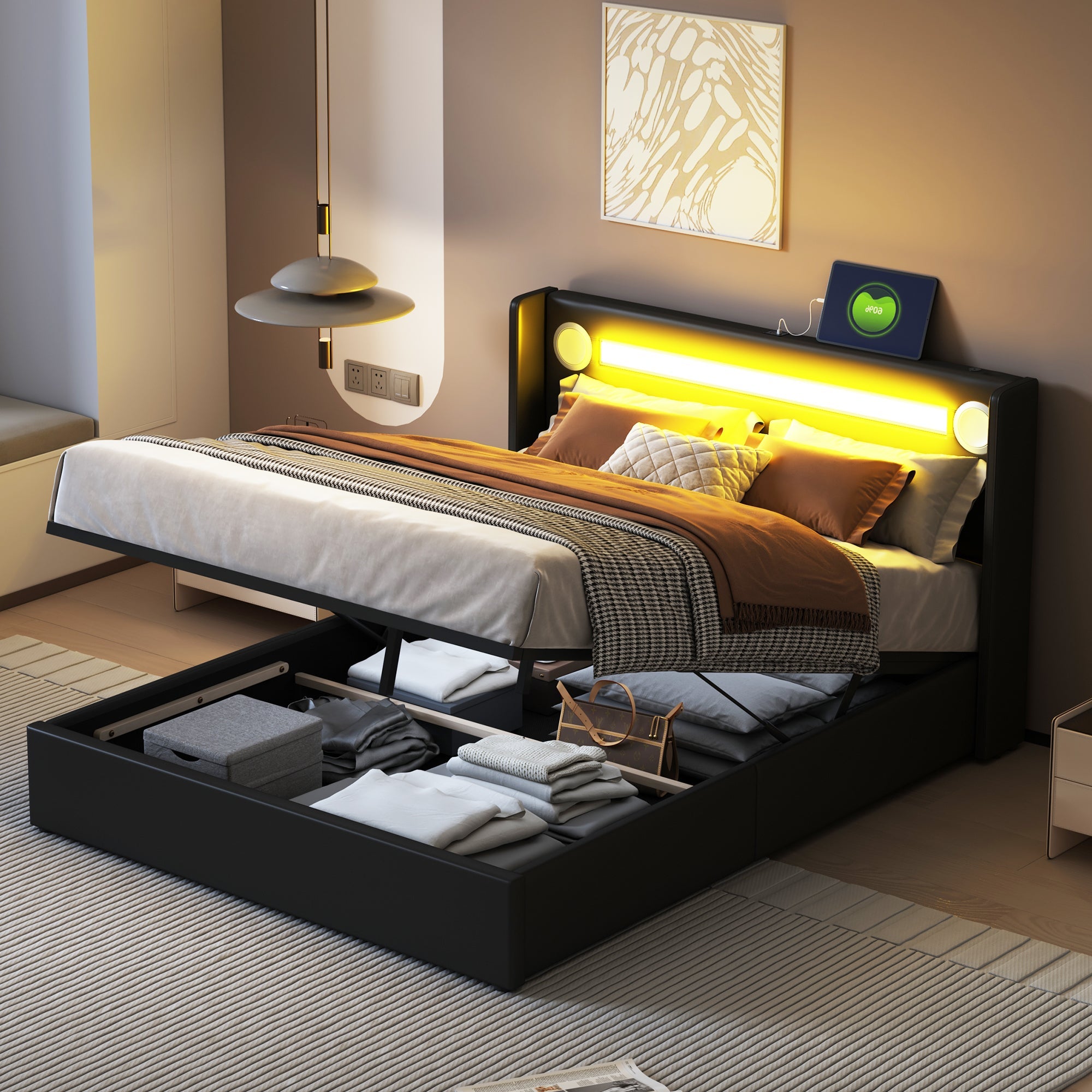 Logidon gestoffeerd bed 140x200 zwart met LED lichtstrip Bluetooth en USB