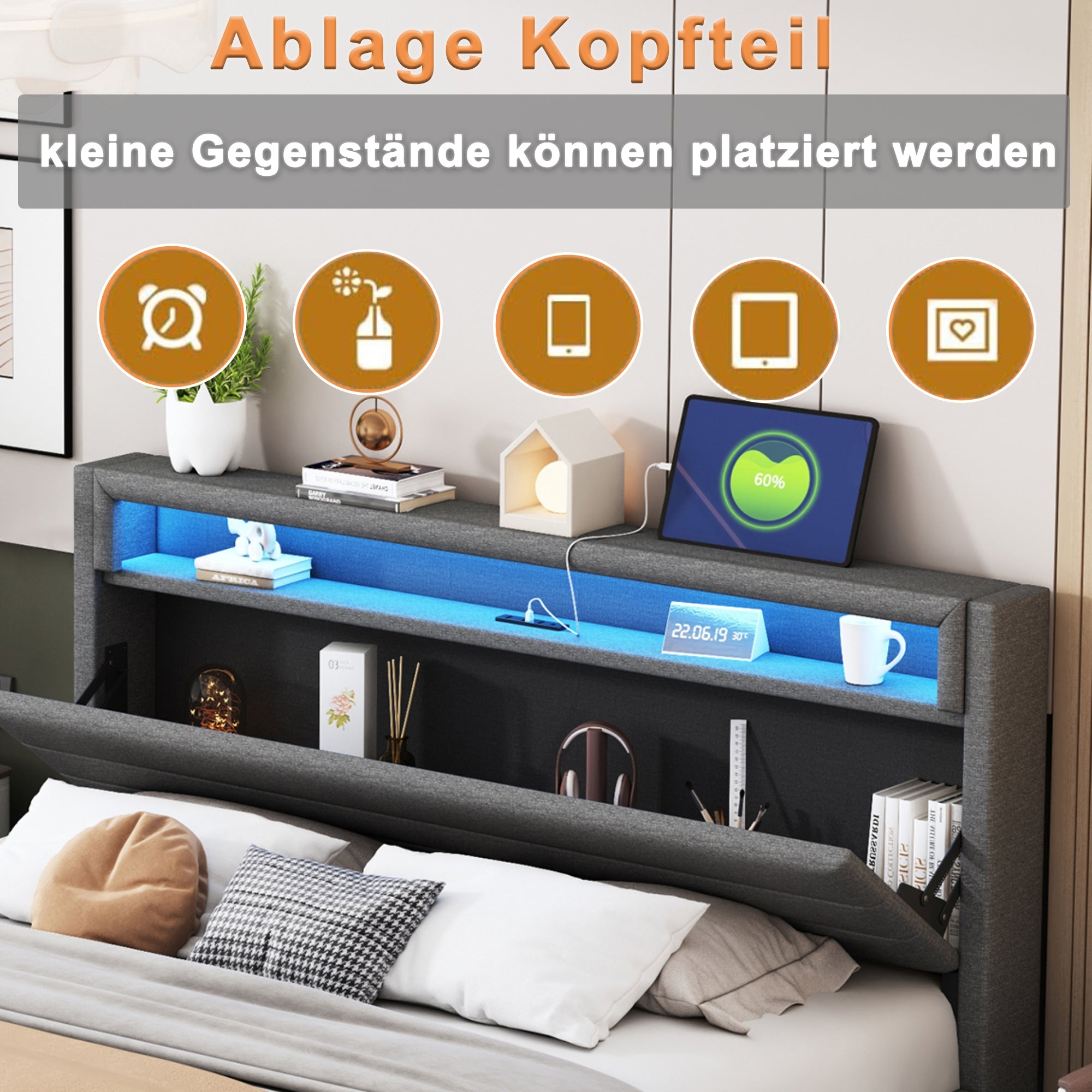 Logidon gestoffeerd bed 160x200 linnen stof USB Omkeerbaar LED-hoofdeinde