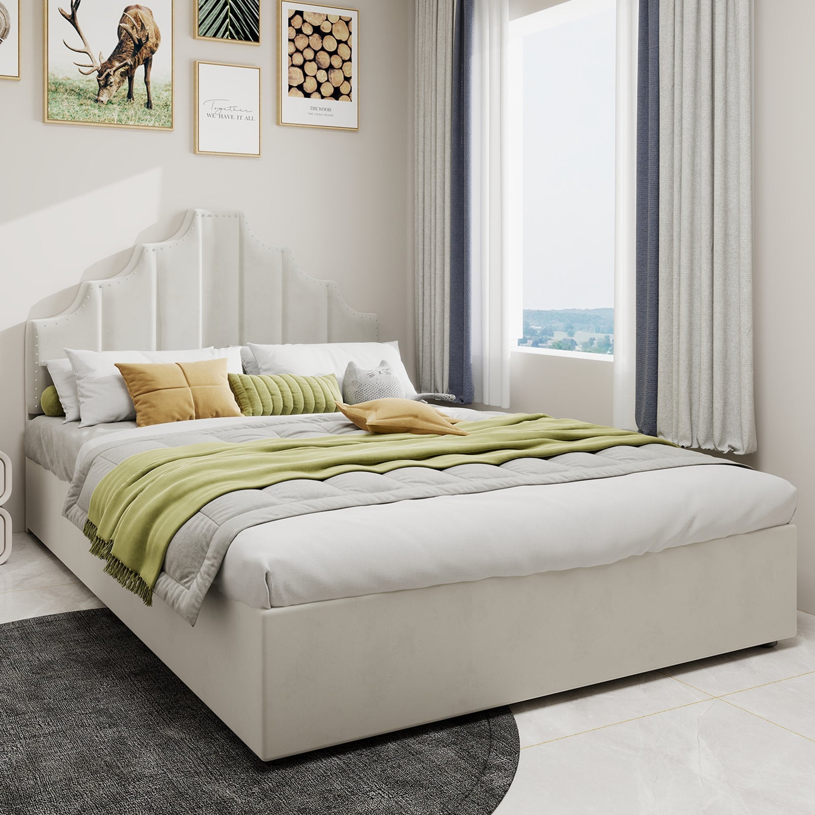 Logidon 160x200 cm stoffen bed beige hoofdbord met hydrauliek