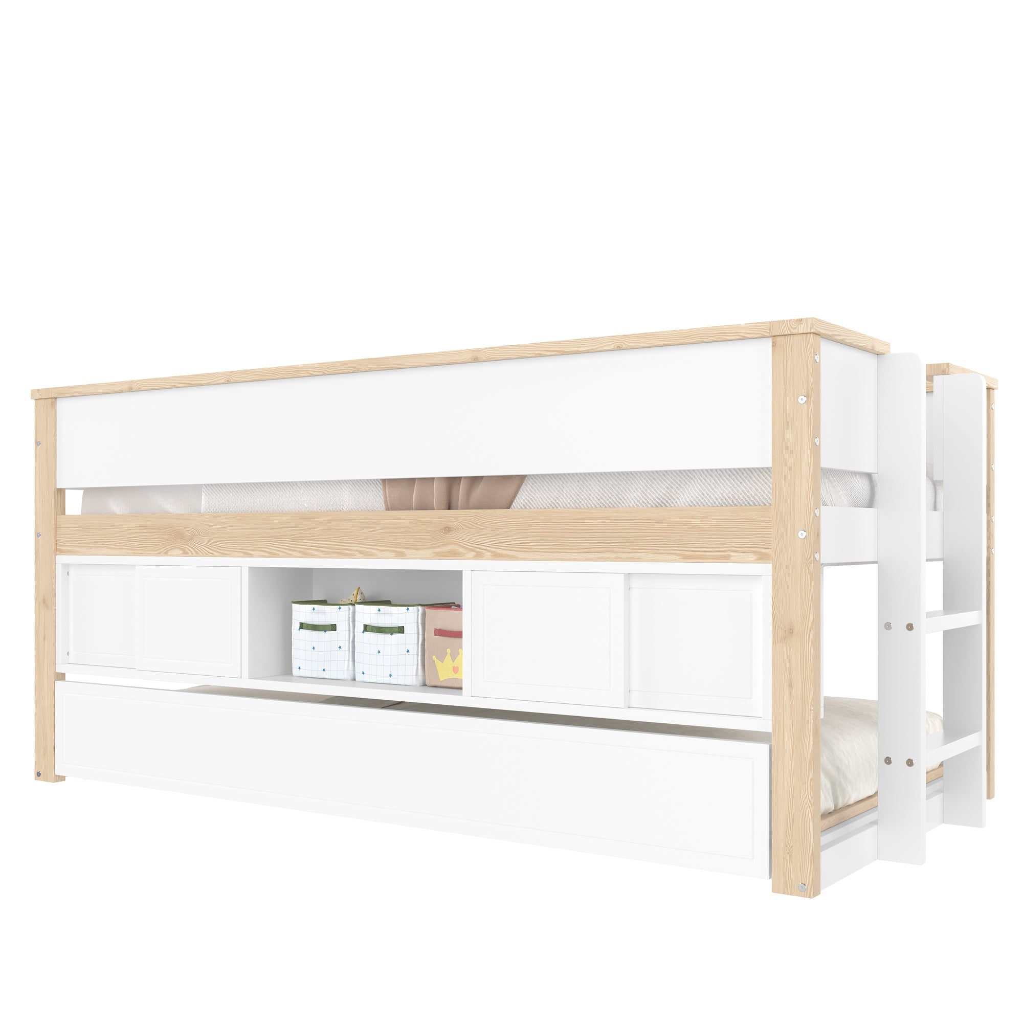 Logidon halfhoogsbed 90x200 wit naturel met onderschuifbed en opbergruimte