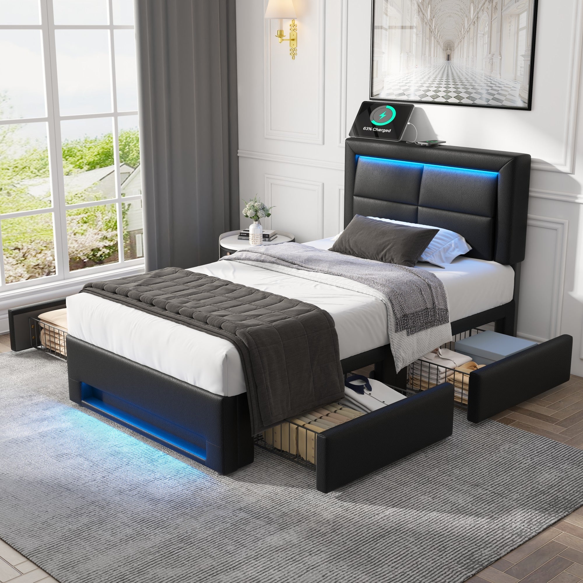 Logidon upholstered bed 90x200 cm with USB connection LED four drawers black