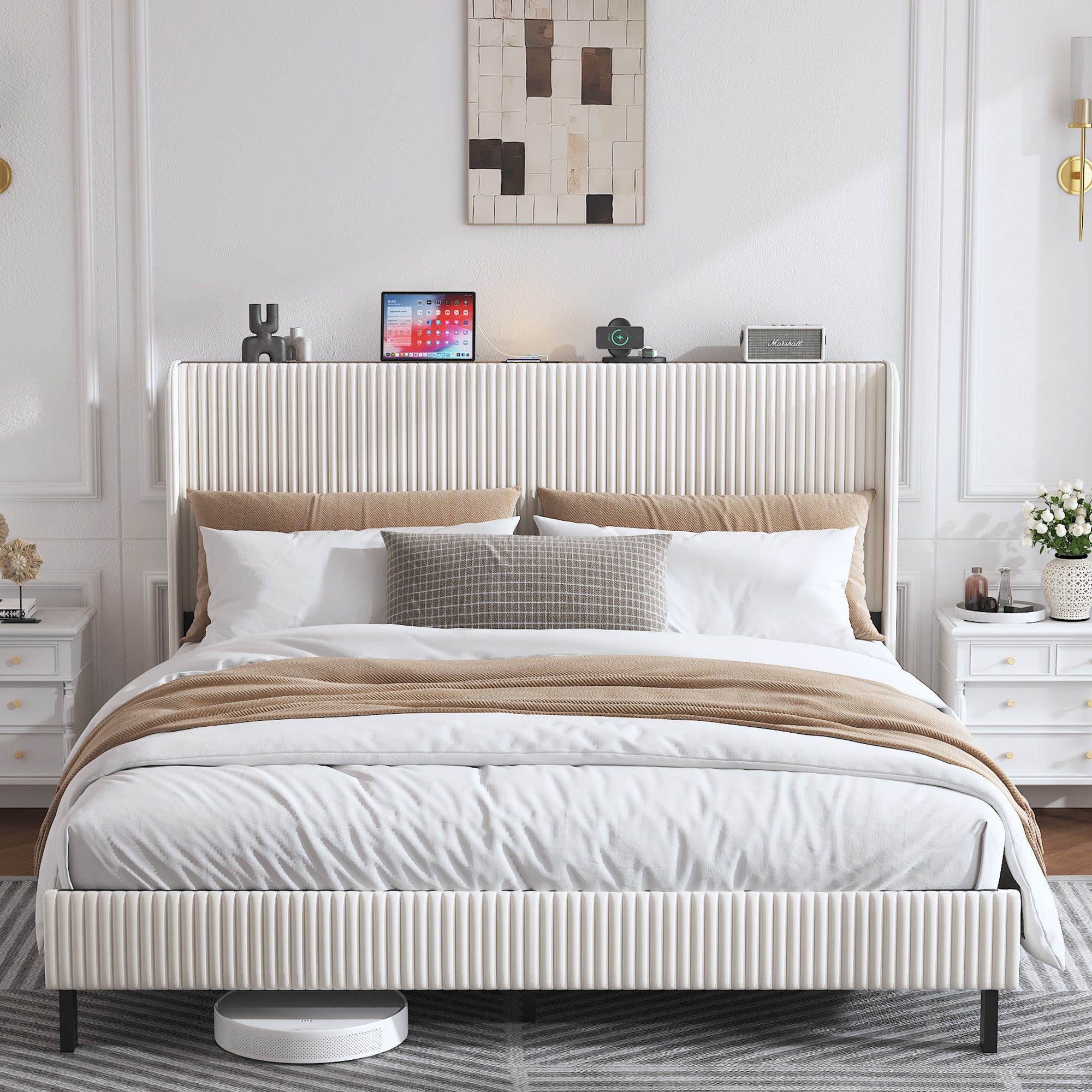 Logidon platformbed 180x200 beige corduroy vleugeldesign hoofdeinde