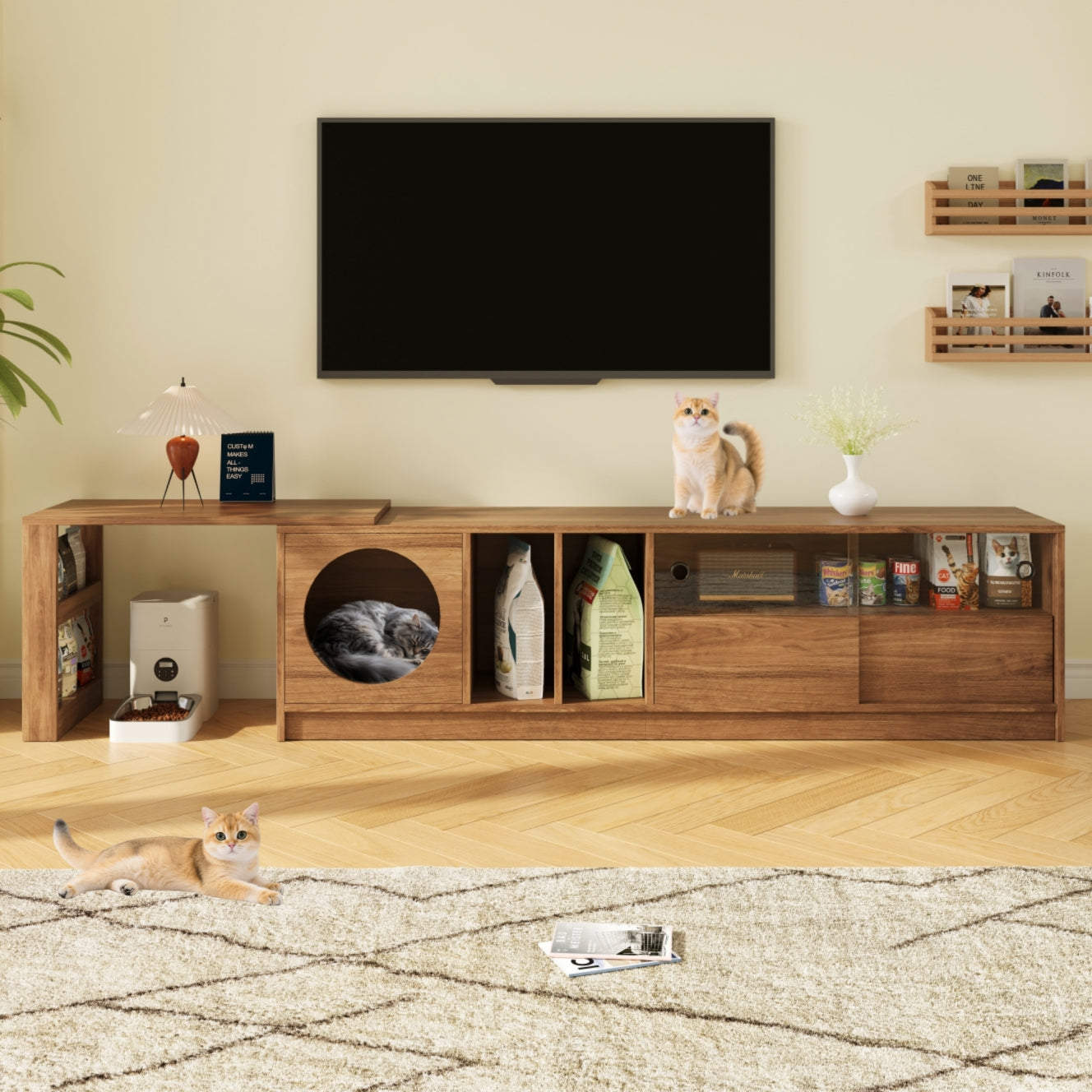 Logidon draaibaar tv-meubel 180-260 cm walnoot uitschuifbare glazen deuren