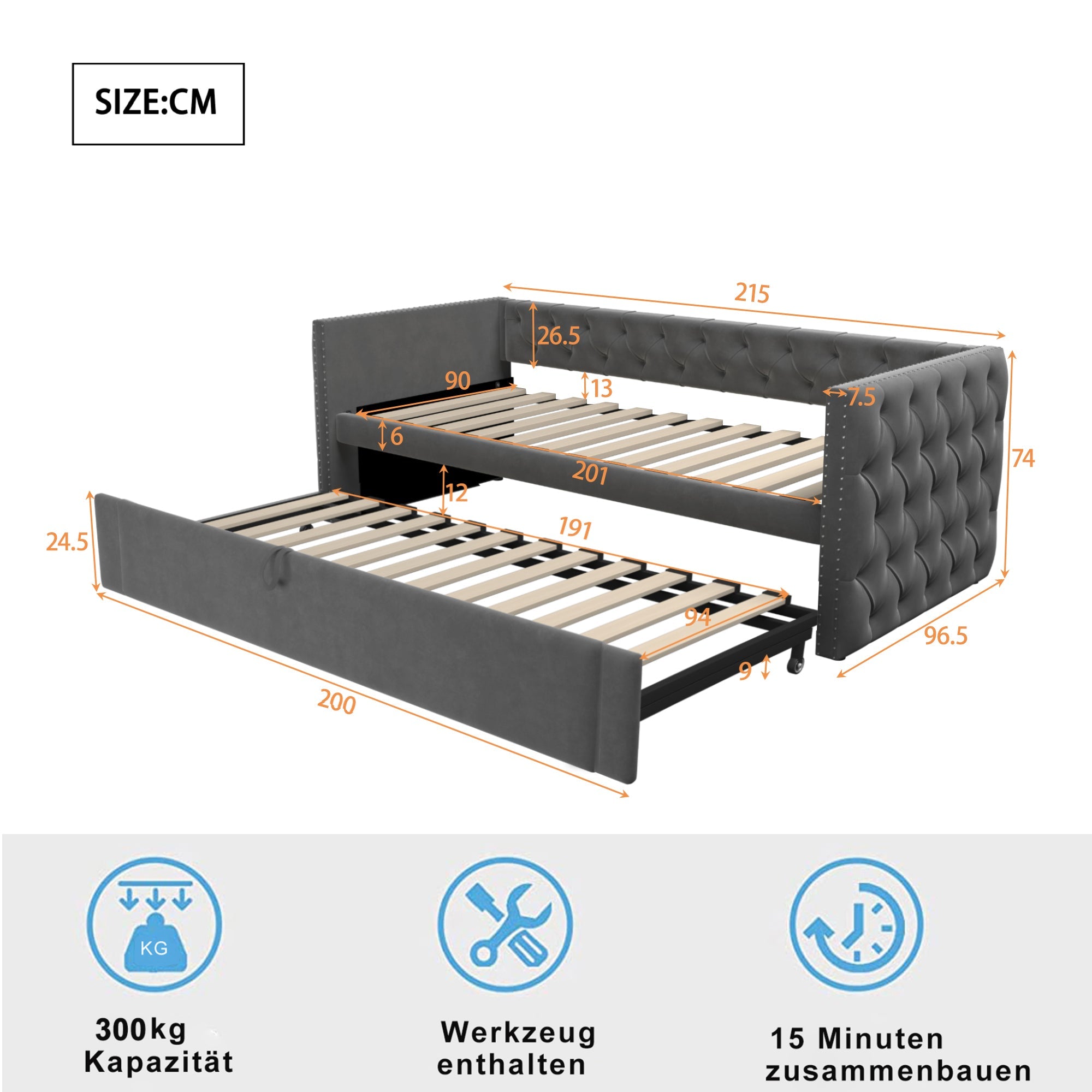Logidon gestoffeerd bed uitschuifbare slaapbank 90x200 grijs met lattenbodem