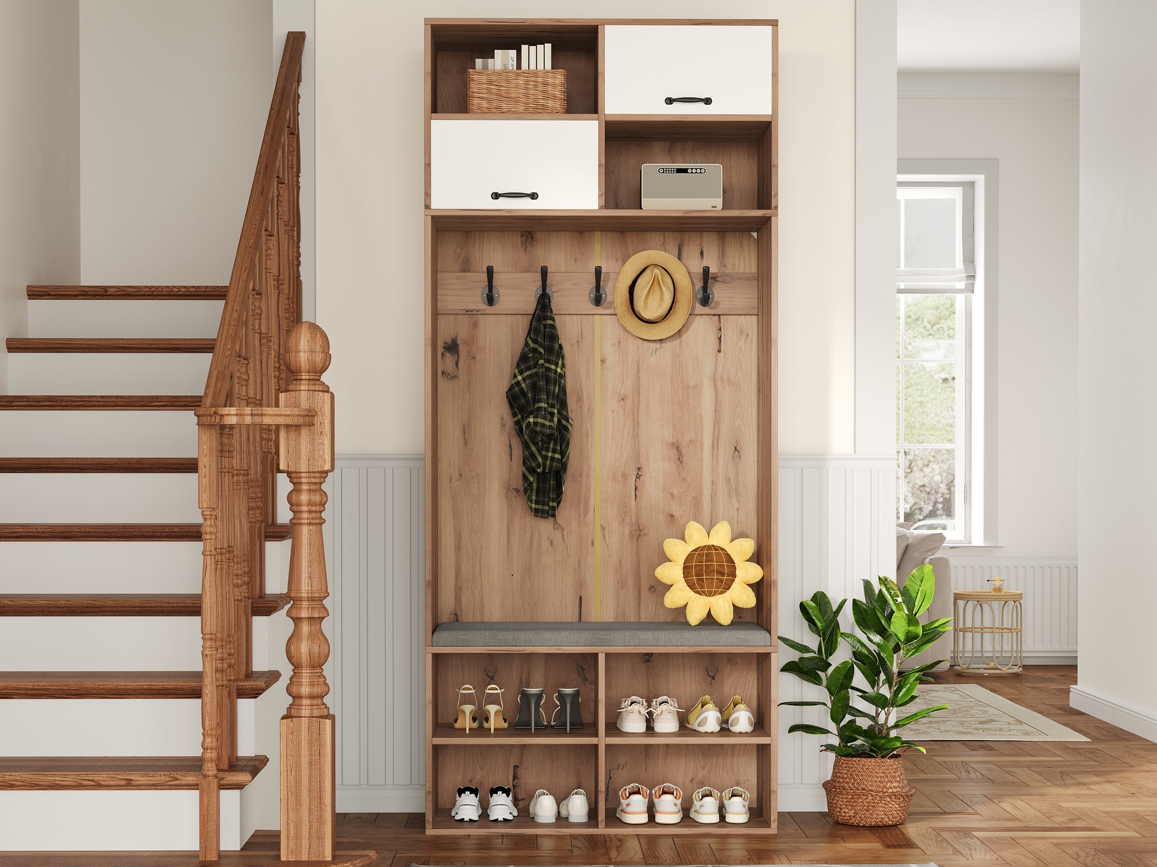 Logidon garderobekast met bank en 5 haken naturel wit 80x35x185cm