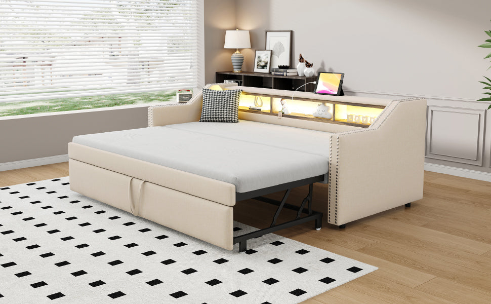 Logidon Upholstered Bed Extendable Sofa Bed 90/180 X 190 Beige Storage Compartment