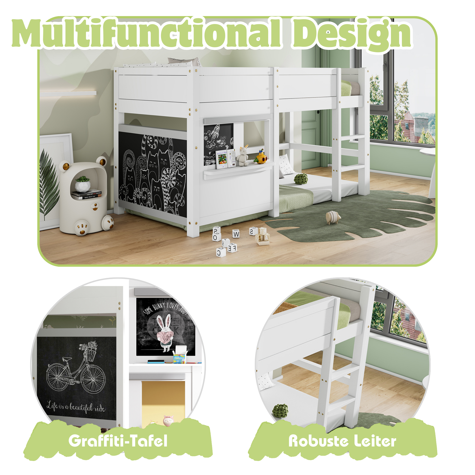 Logidon huisbed 90x200 wit graffiti-ready stapelbed met plank