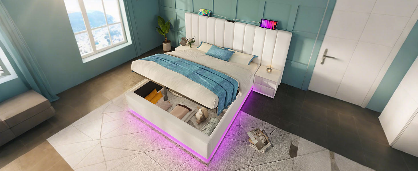 Logidon gestoffeerd bed 180x200 wit met app LED USB C oplaadfunctie