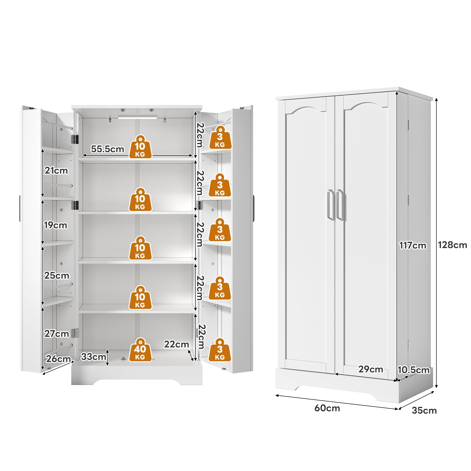 Logidon 60x35x128cm witte keukenkast LED-sensorlicht verstelbare planken