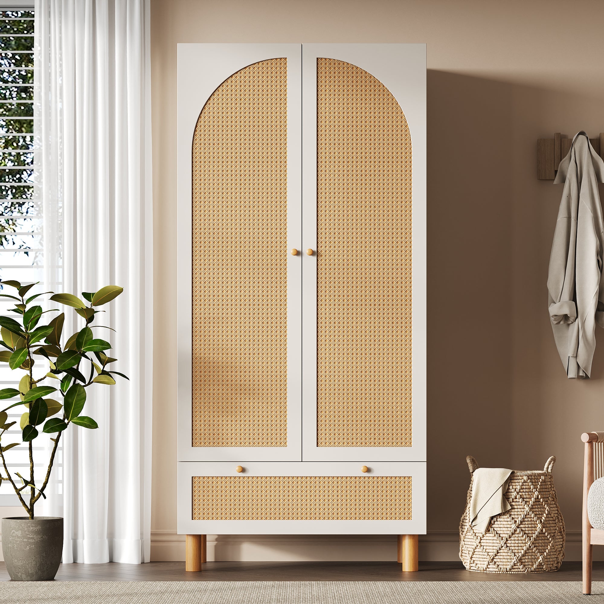 Logidon kledingkast wit met rotan deuren 180x85x52 cm landelijke stijl