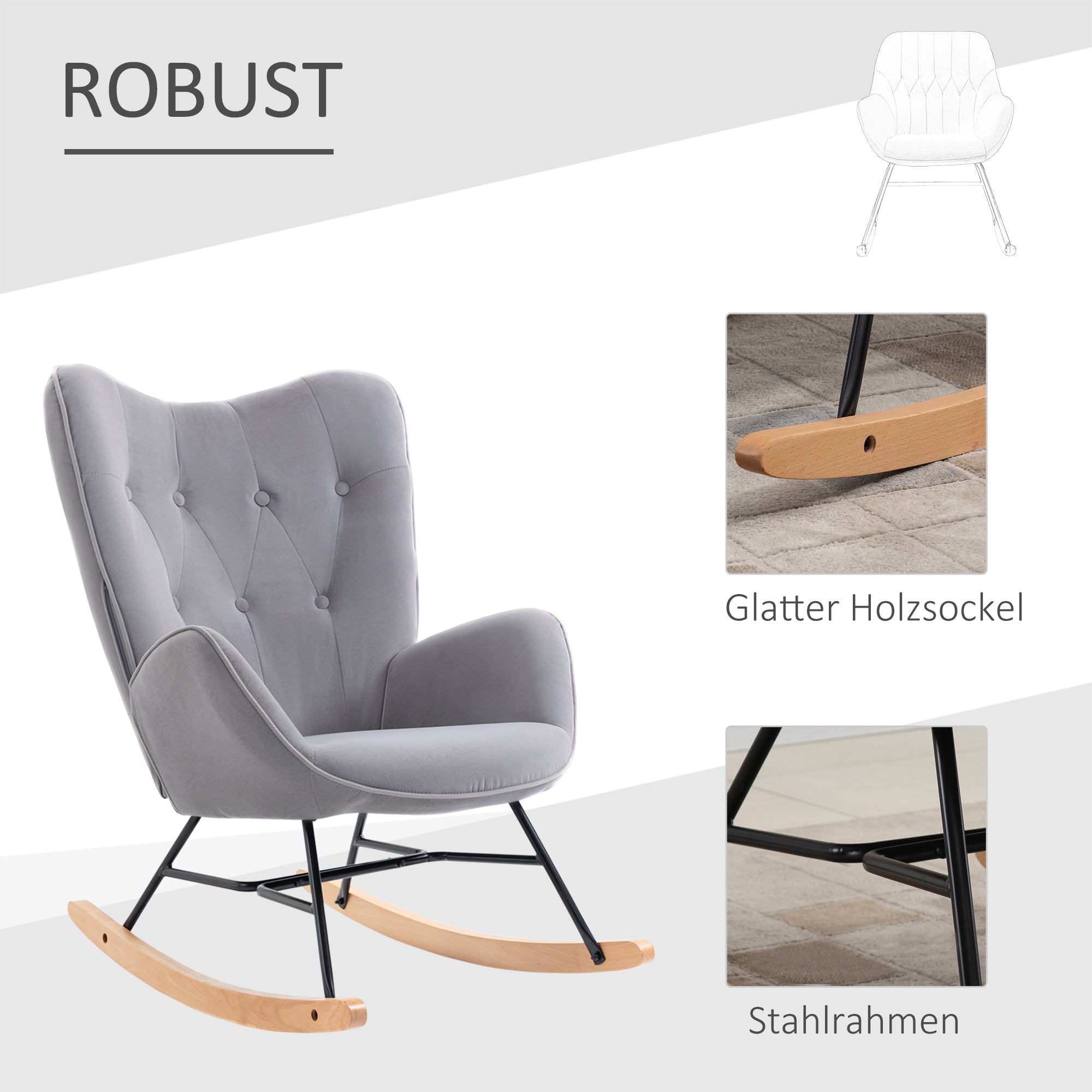 Logidon schommelstoel ergonomisch met fluweellook lichtgrijs tot 150 kg