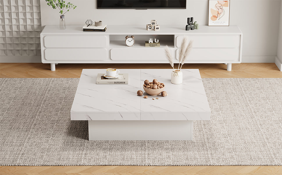 Logidon vierkante salontafel wit marmerlook 90x90x25 cm met lades