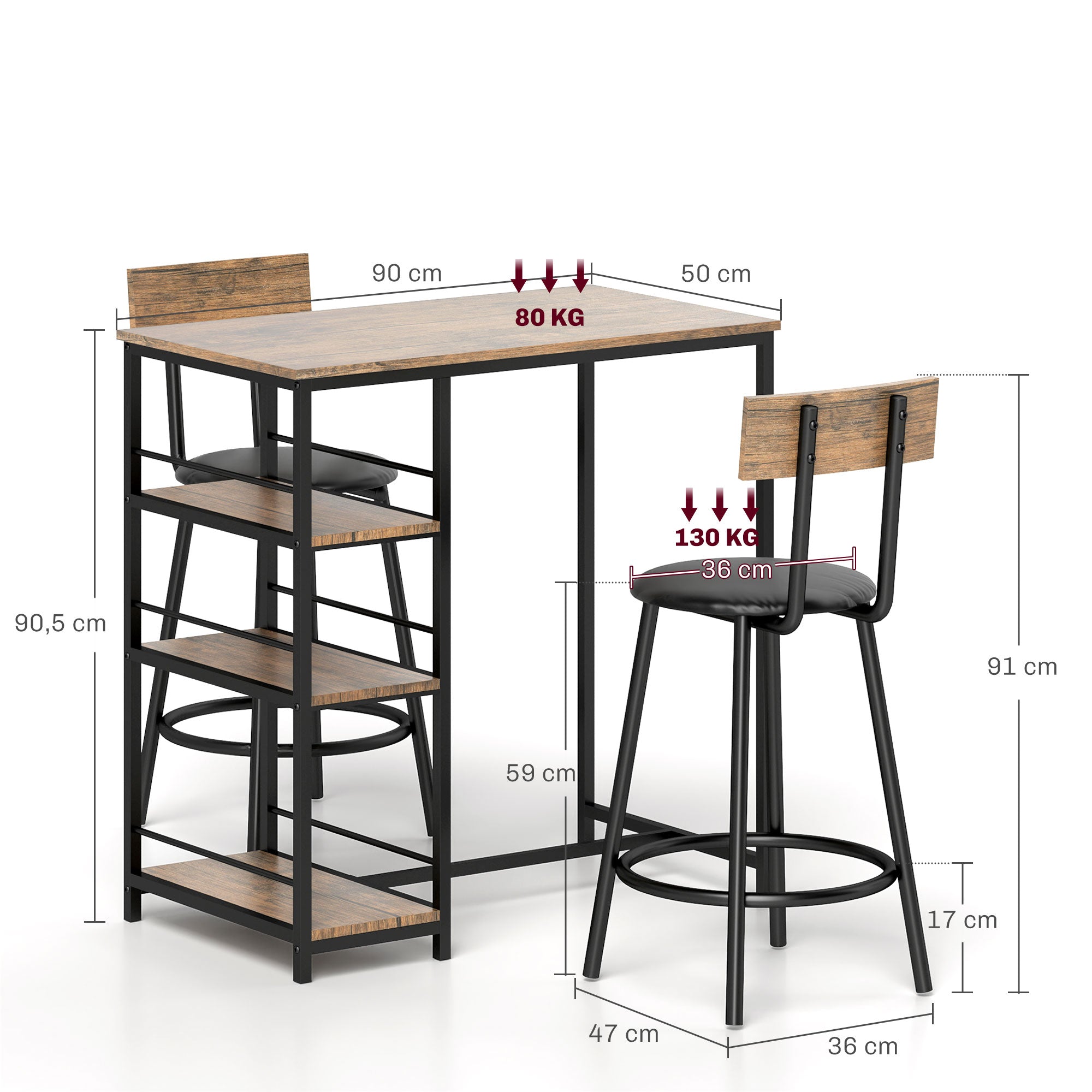 Logidon bartafelset 3-delig industrieel eiken staal 90x50x90 cm
