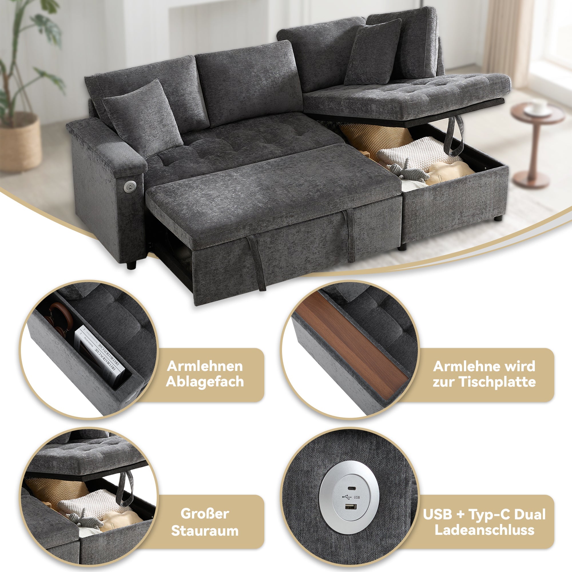 Logidon L-vorm slaapbank grijs fluweel chenille 209x130 cm opbergruimte