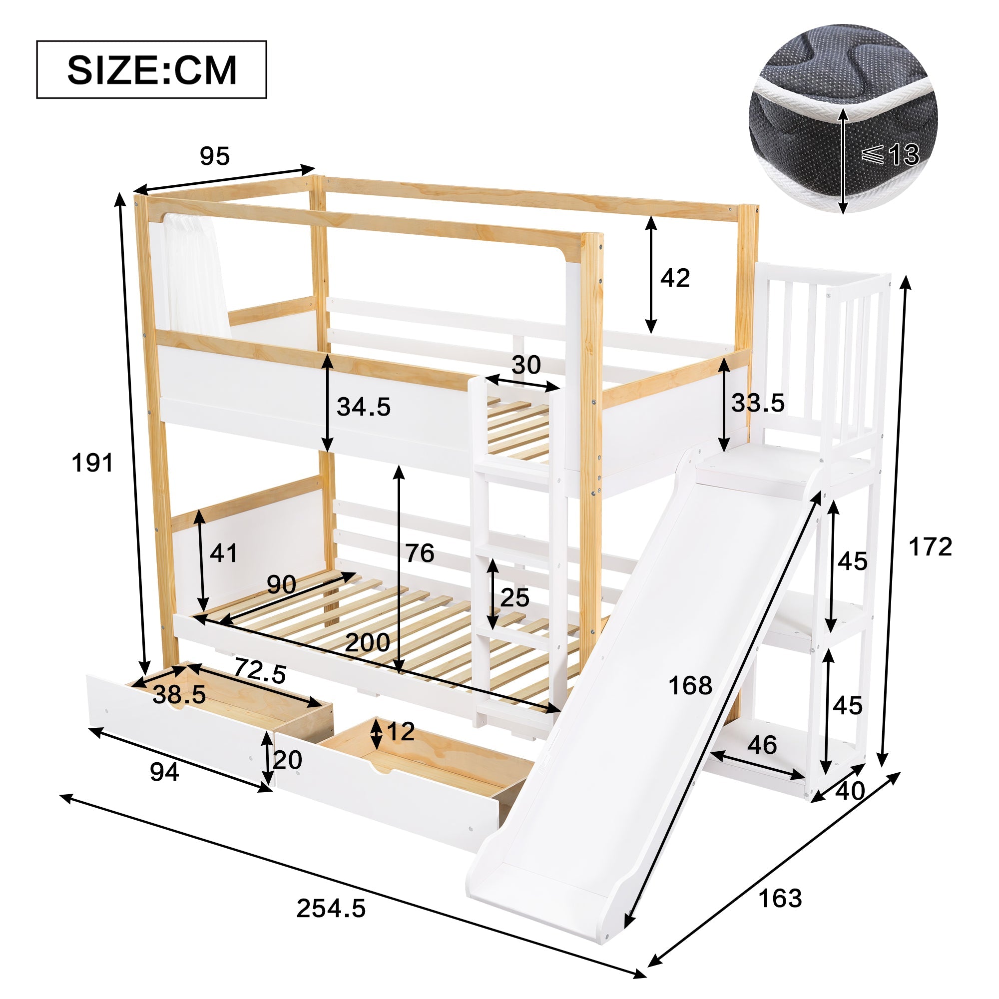 Logidon stapelbed 90x200 wit naturel met glijbaan en lades