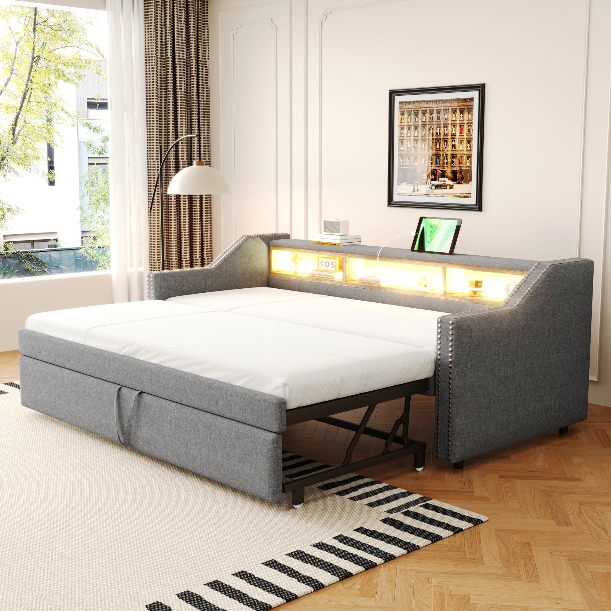 Logidon upholstered bed pull-out sofa bed 90/180 x 190 cm light gray storage compartment