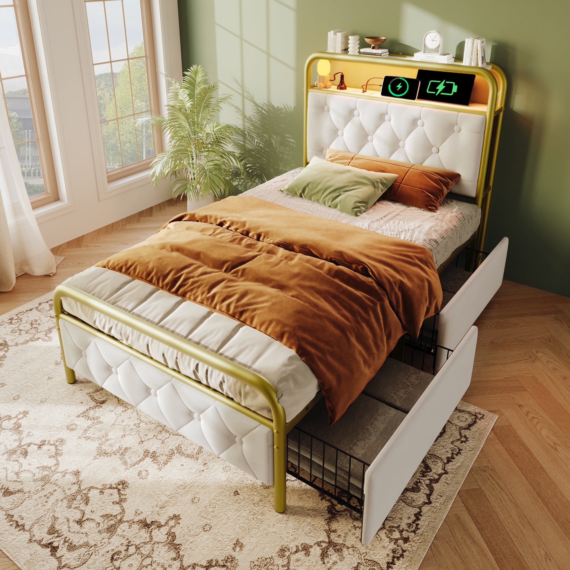 Logidon upholstered bed 90x200 USB C charging function LED white velvet drawers