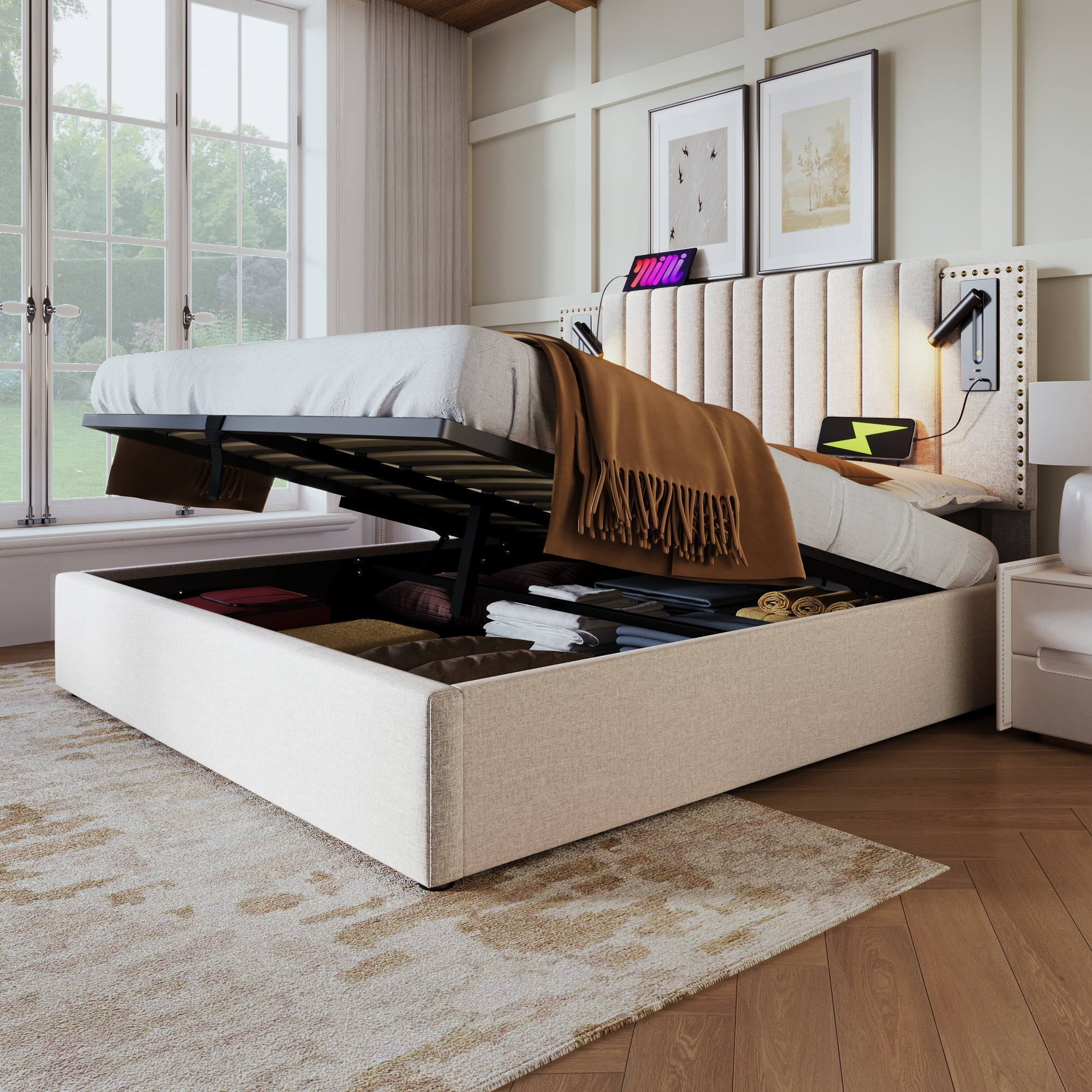 Logidon gestoffeerd bed 160x200 beige met opbergruimte en USB-leeslamp