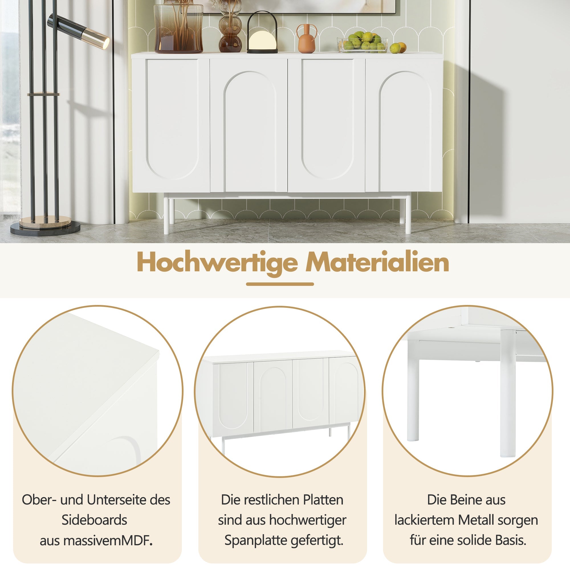 Logidon dressoir zuiver wit met 4 deuren in boogpatroon 140x42x80 cm