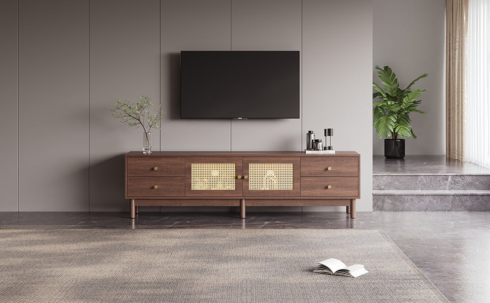 Logidon TV cabinet 180 cm dark wood look rattan doors cable management