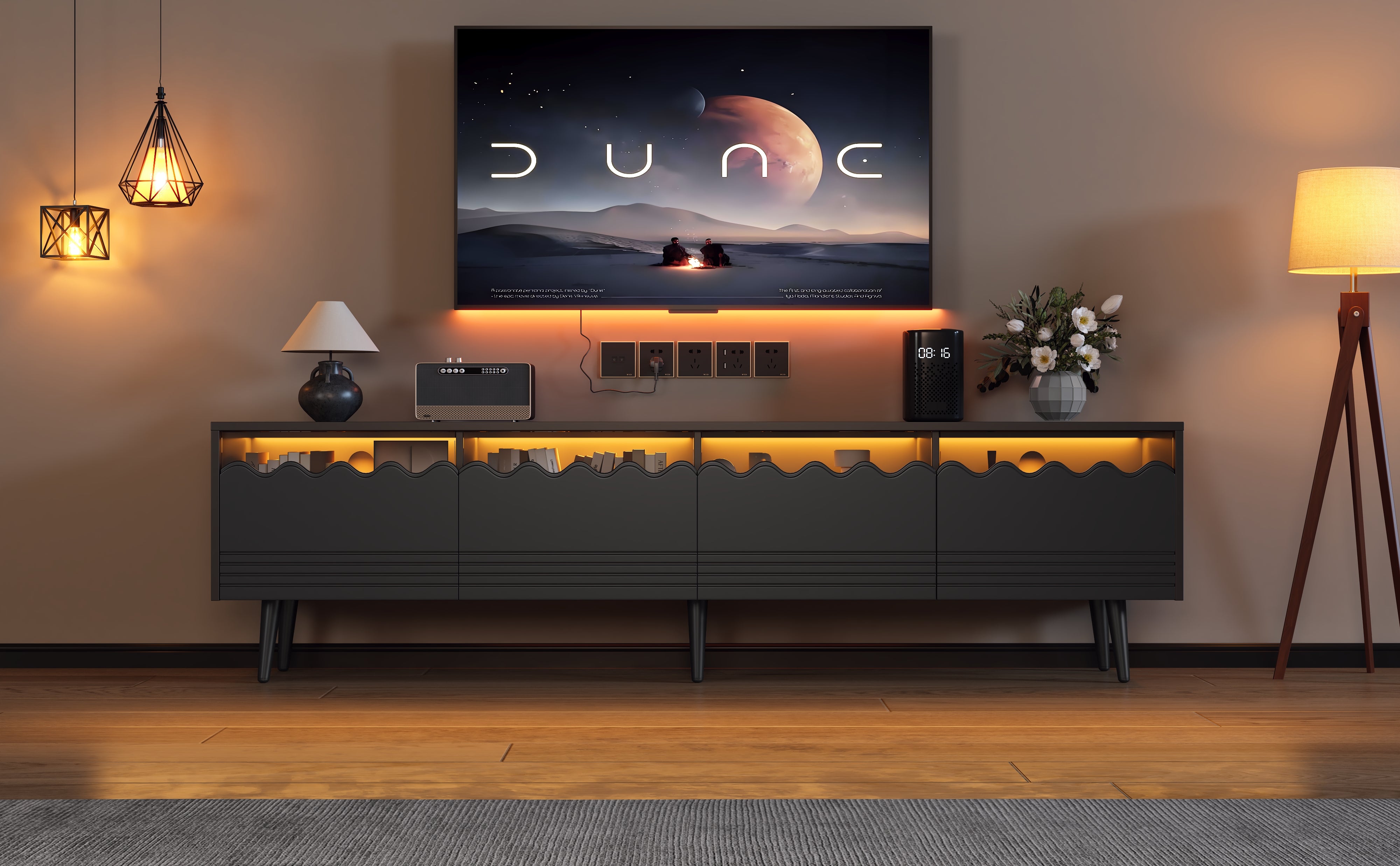 Logidon 176x38x45 cm zwart TV-lowboard met LED-verlichting