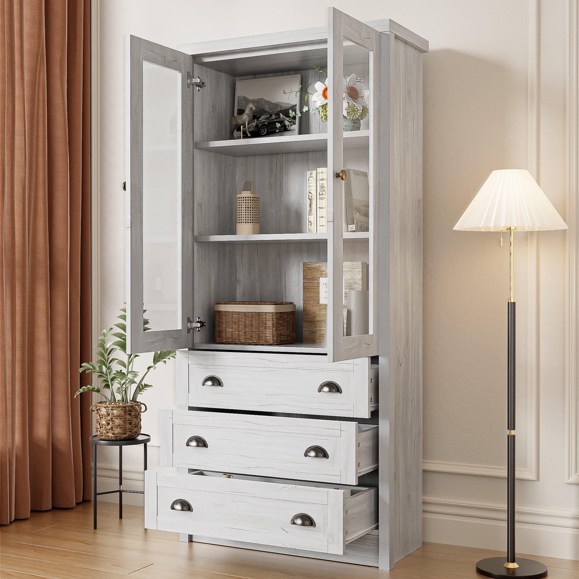 Logidon Modern highboard 80x34x171 cm wood look glass doors copper handles