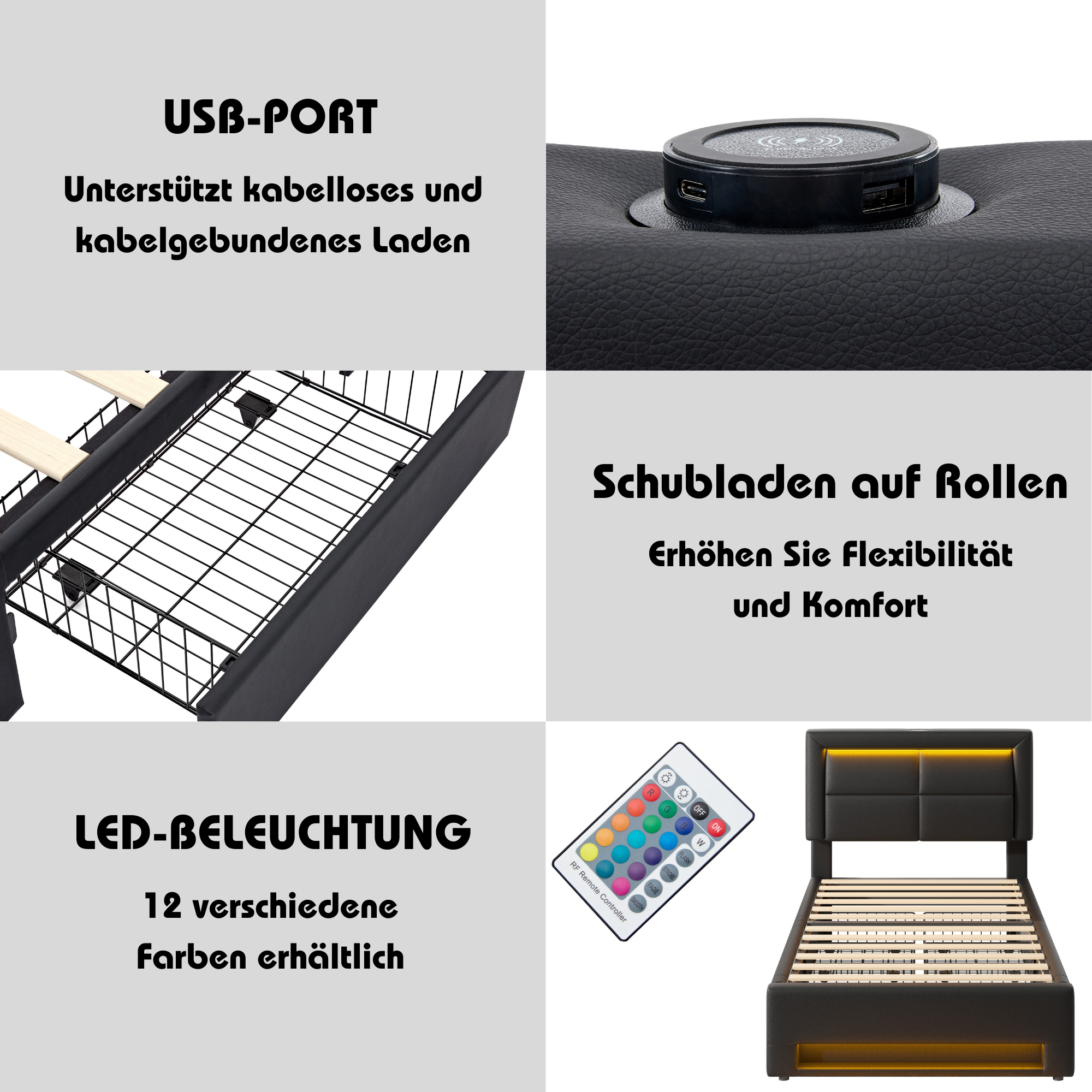 Logidon gestoffeerd bed 90x190 cm zwart met USB LED en vier lades