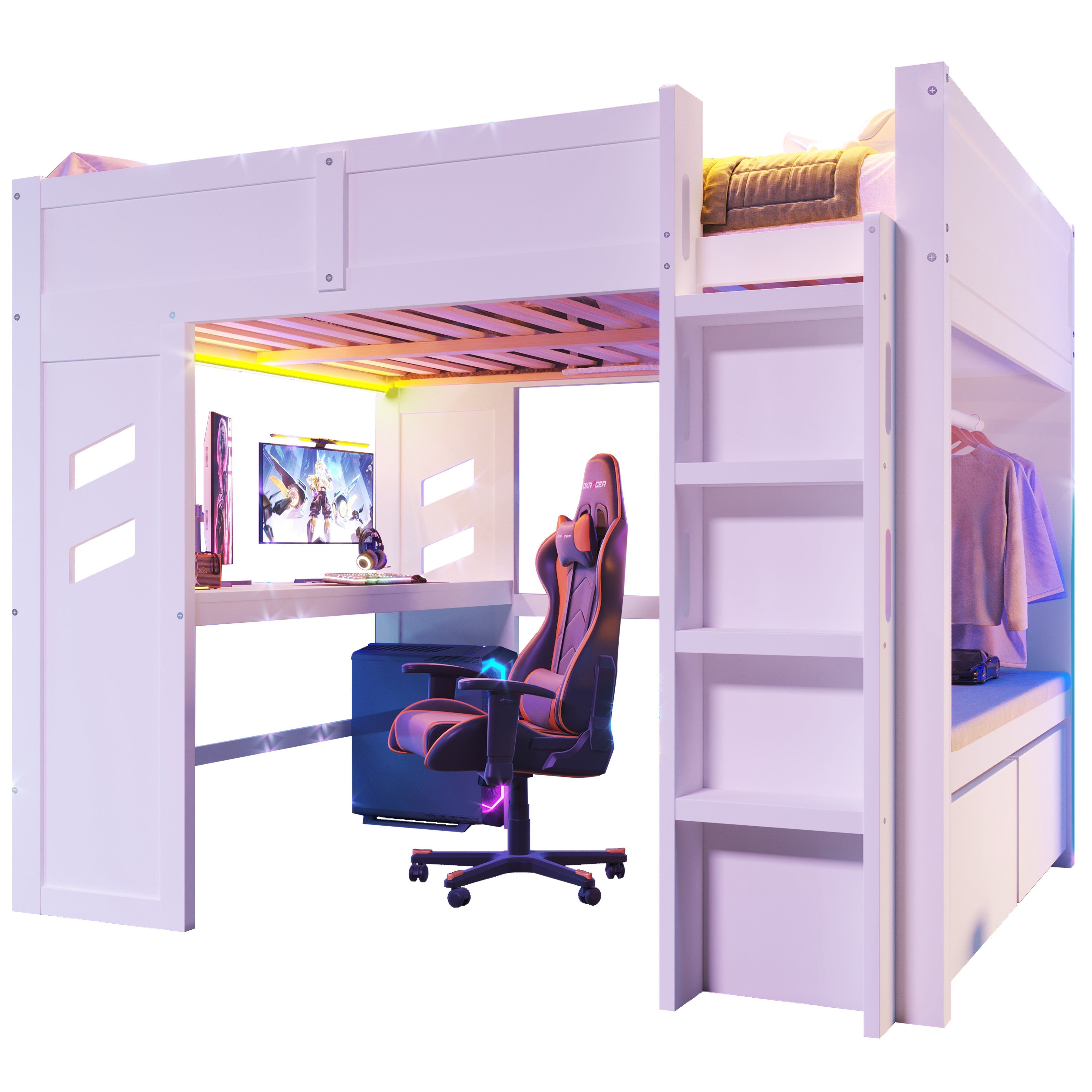 Logidon hoogslaper 140x200 cm wit gamingbed met bureau LED