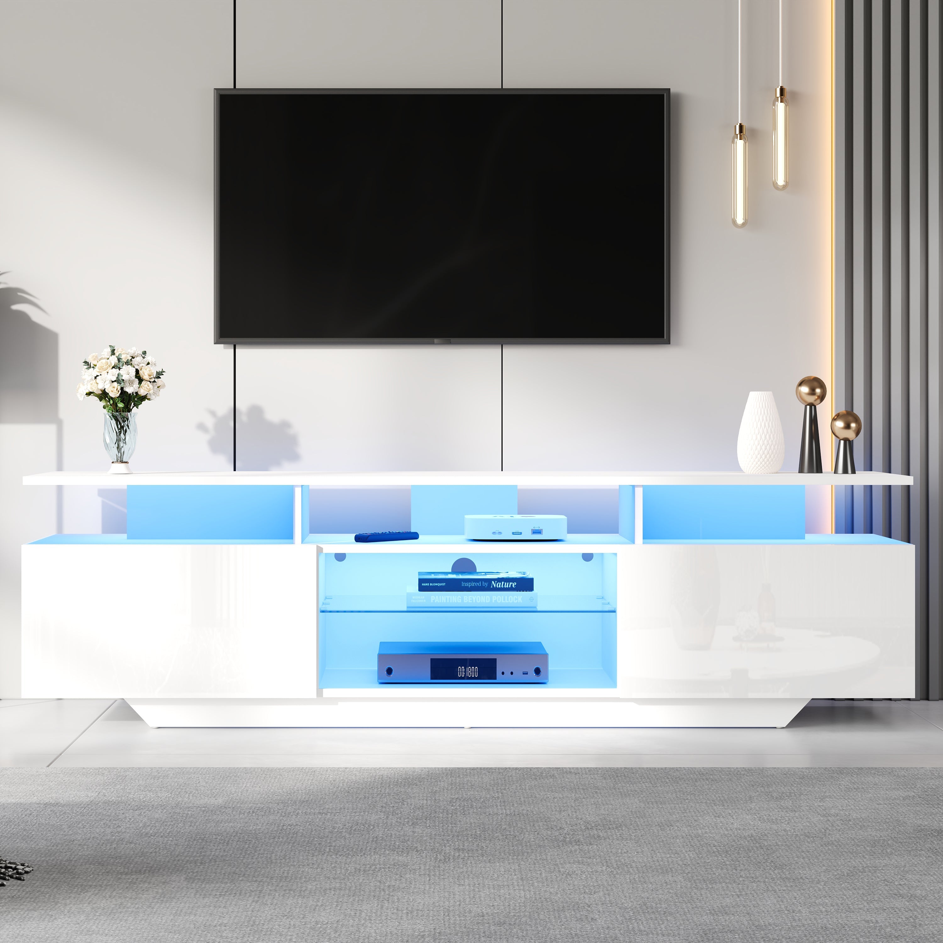 Logidon TV-meubel hoogglans wit 160 x 40 x 45 cm met LED lichtstrip glasplanken