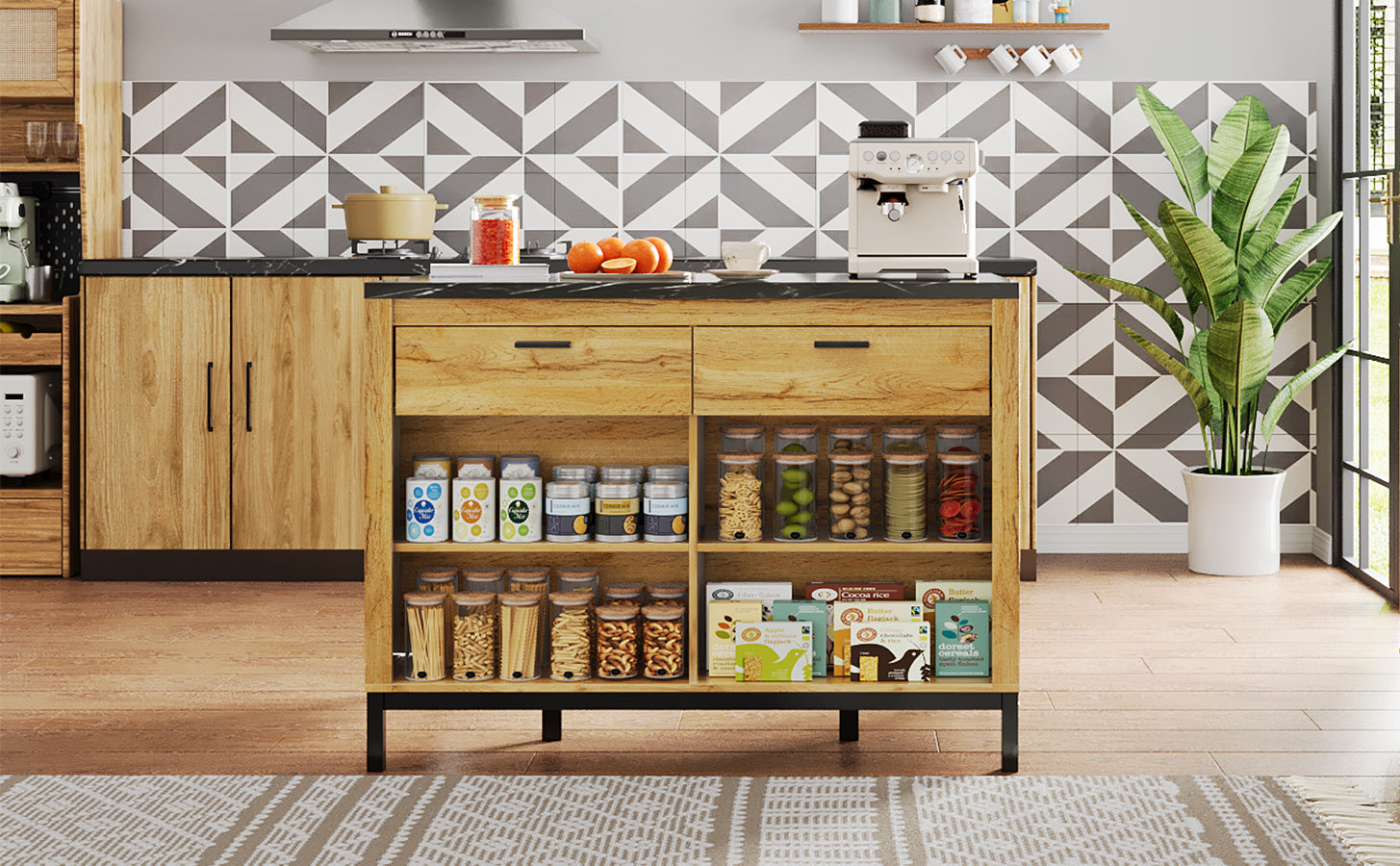 Logidon kitchen island country house style 120x75x90 cm with 2 drawers and 4 shelves
