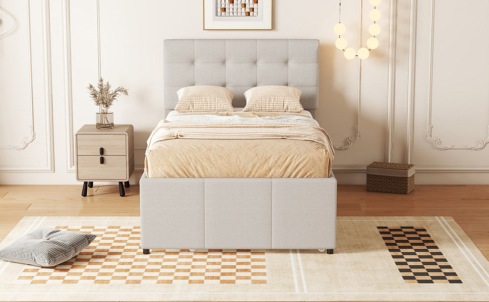 Logidon gestoffeerd bed 90x200 beige uitschuifbaar onderschuifbed 3 lades