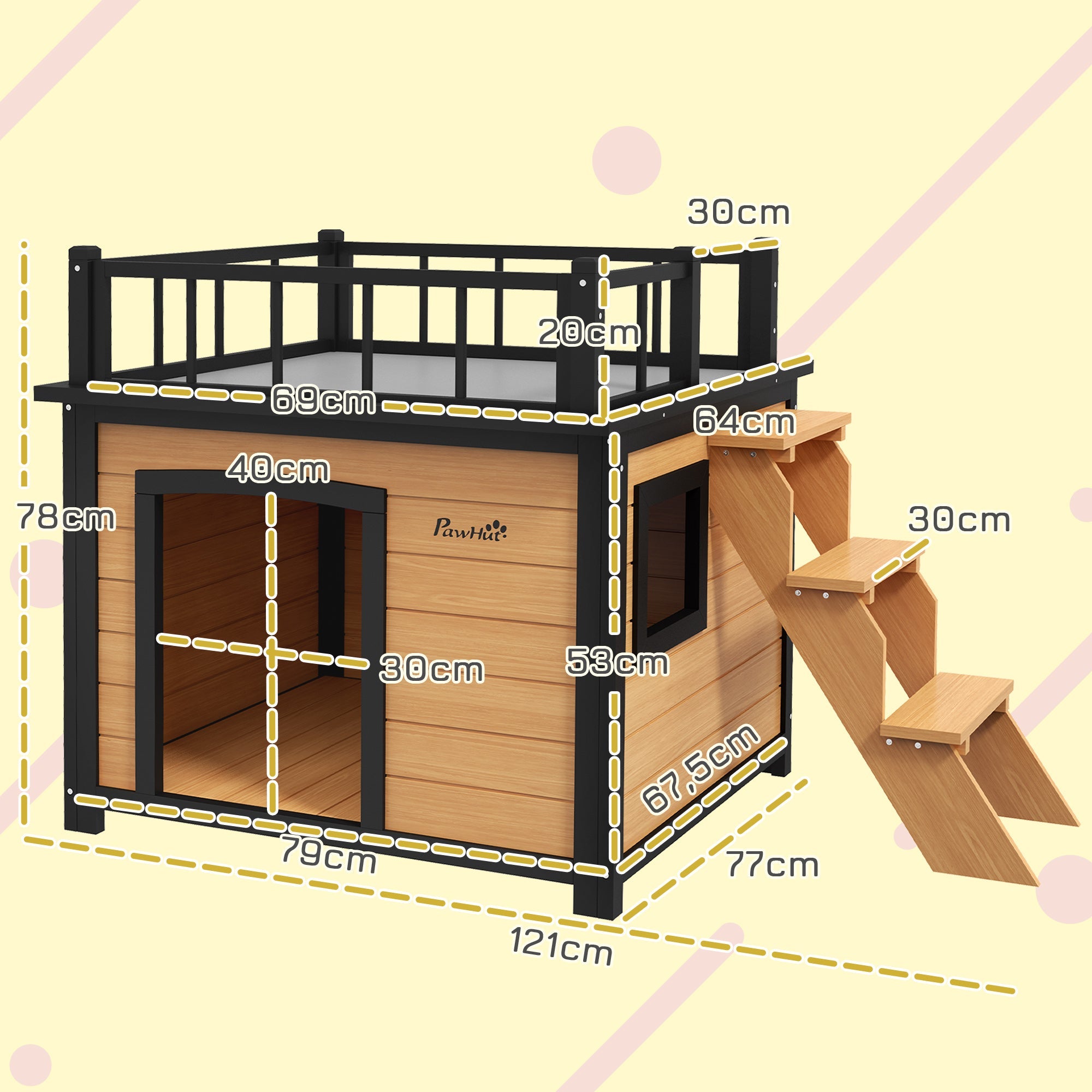 Logidon PawHut Hondenkennel met balkon en trap Geel 121x77x78 cm
