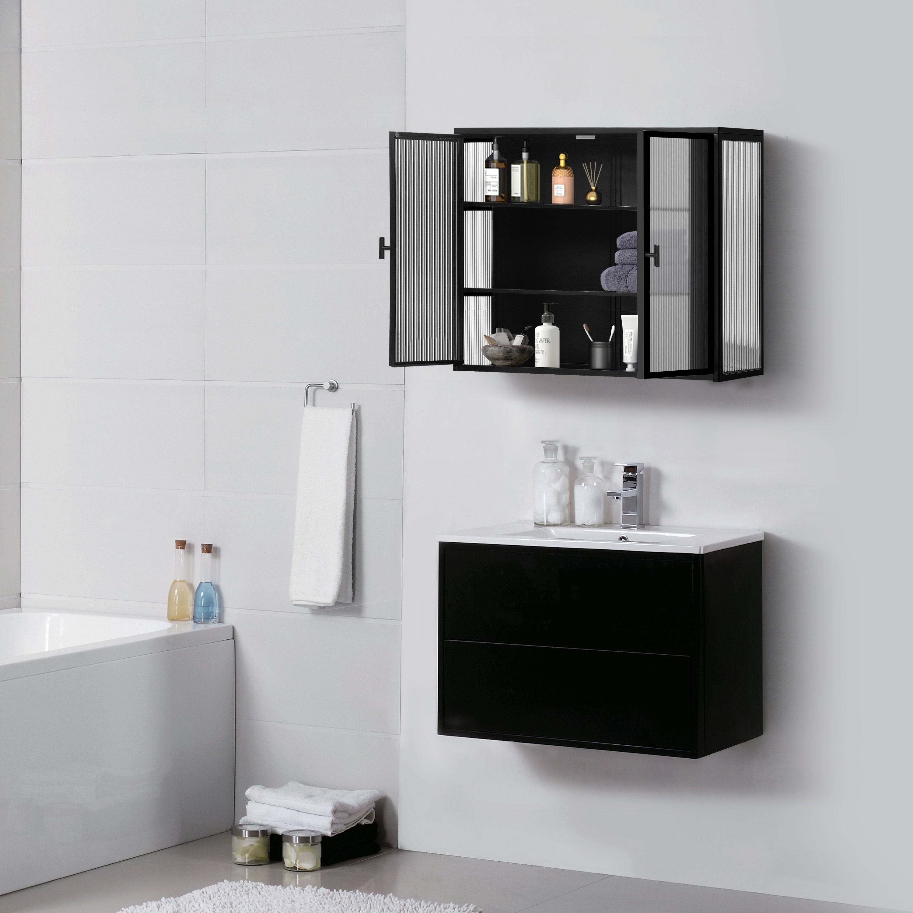 Logidon 70 cm glazen wandkast zwart 2-deurs met drie niveaus