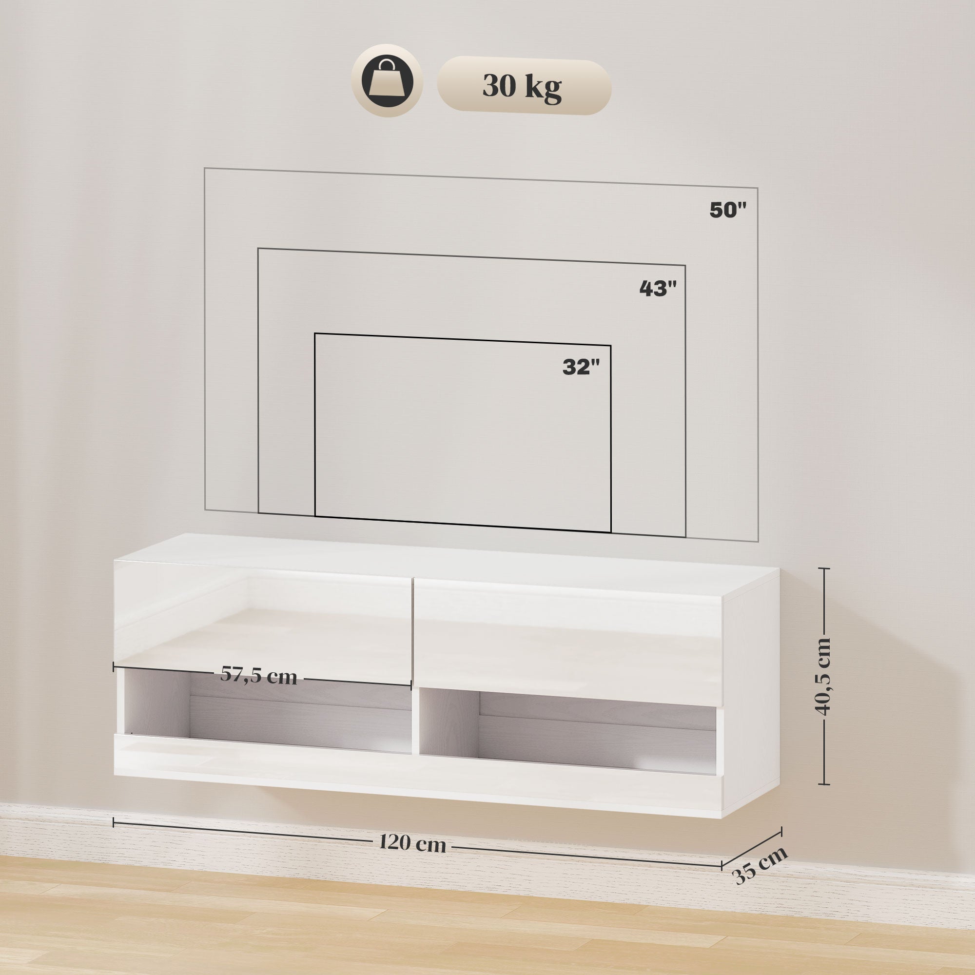 Logidon TV wandkast wit hoogglans LED 16 knipperstanden 120 cm