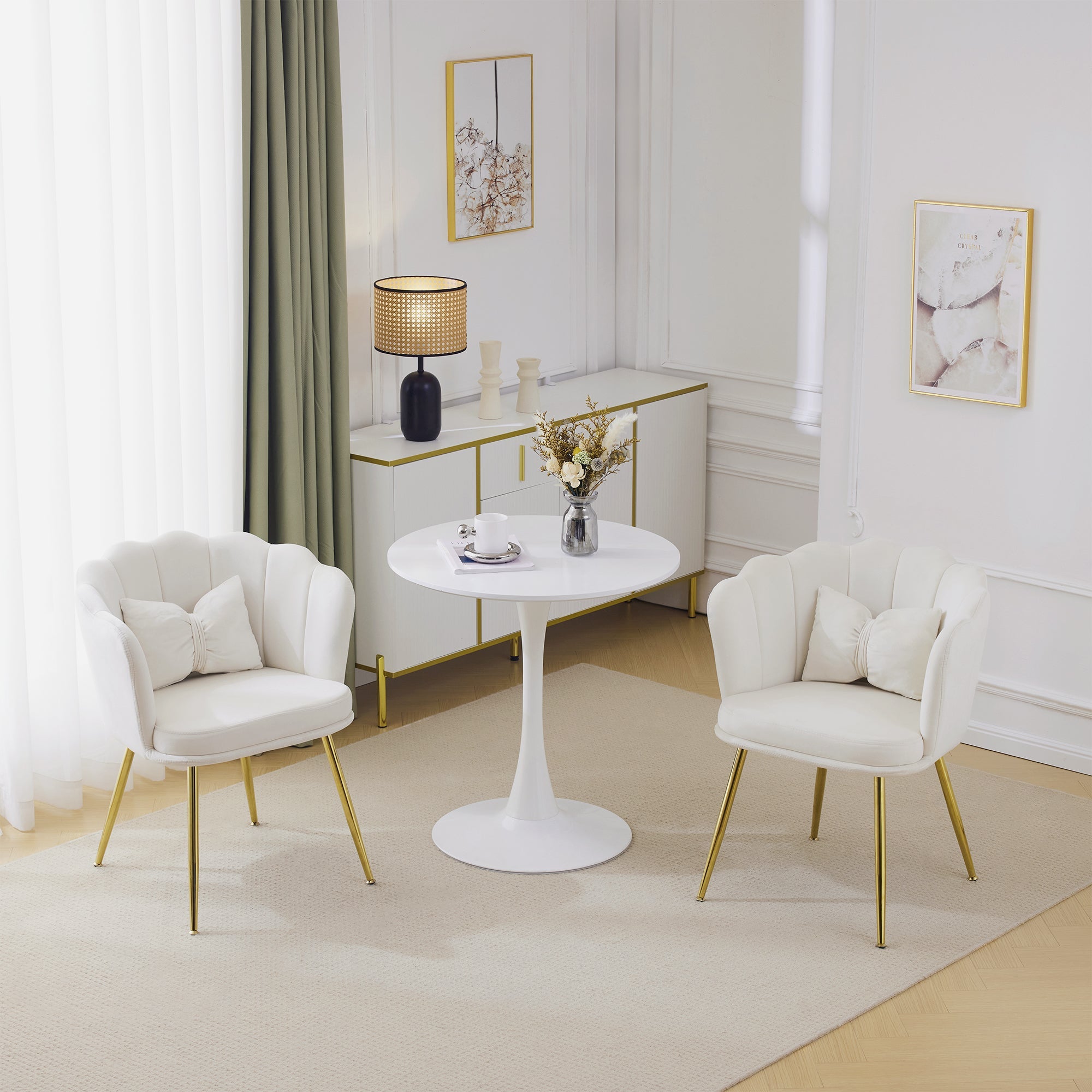 Logidon set van 2 fluwelen stoelen met beige bloemblaadjes en gouden poten