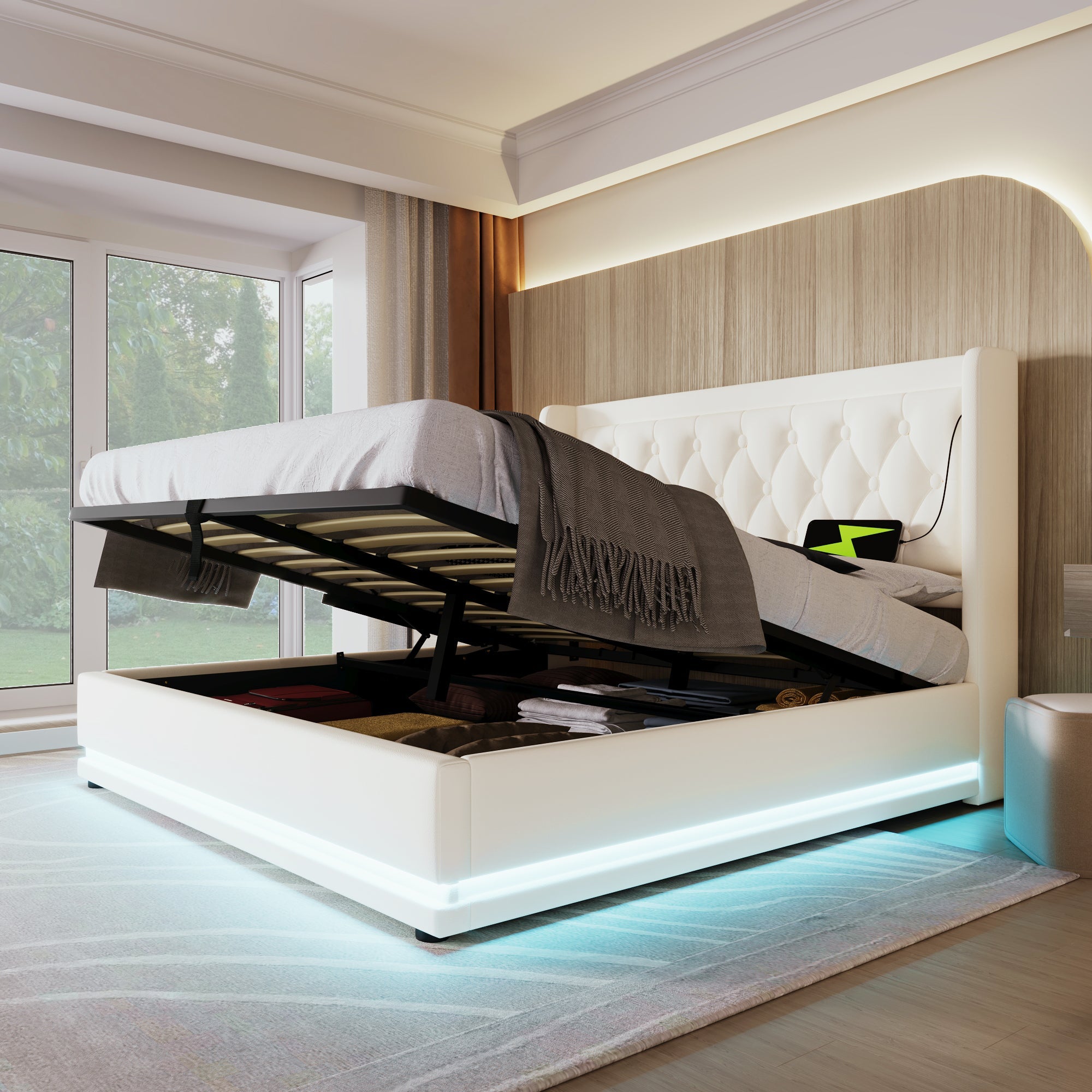Logidon upholstered bed 160x200 cm white PU with USB C charging function storage space