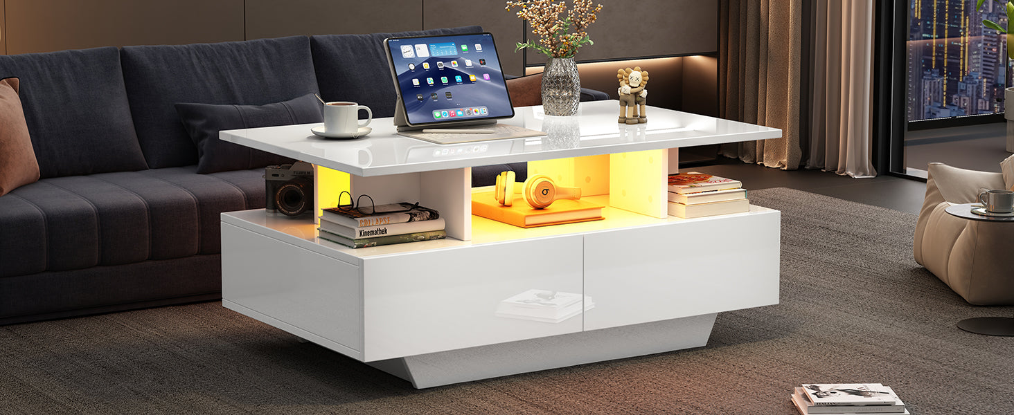 Logidon hoogglans salontafel LED, 2 lades, 90x55x41 cm wit