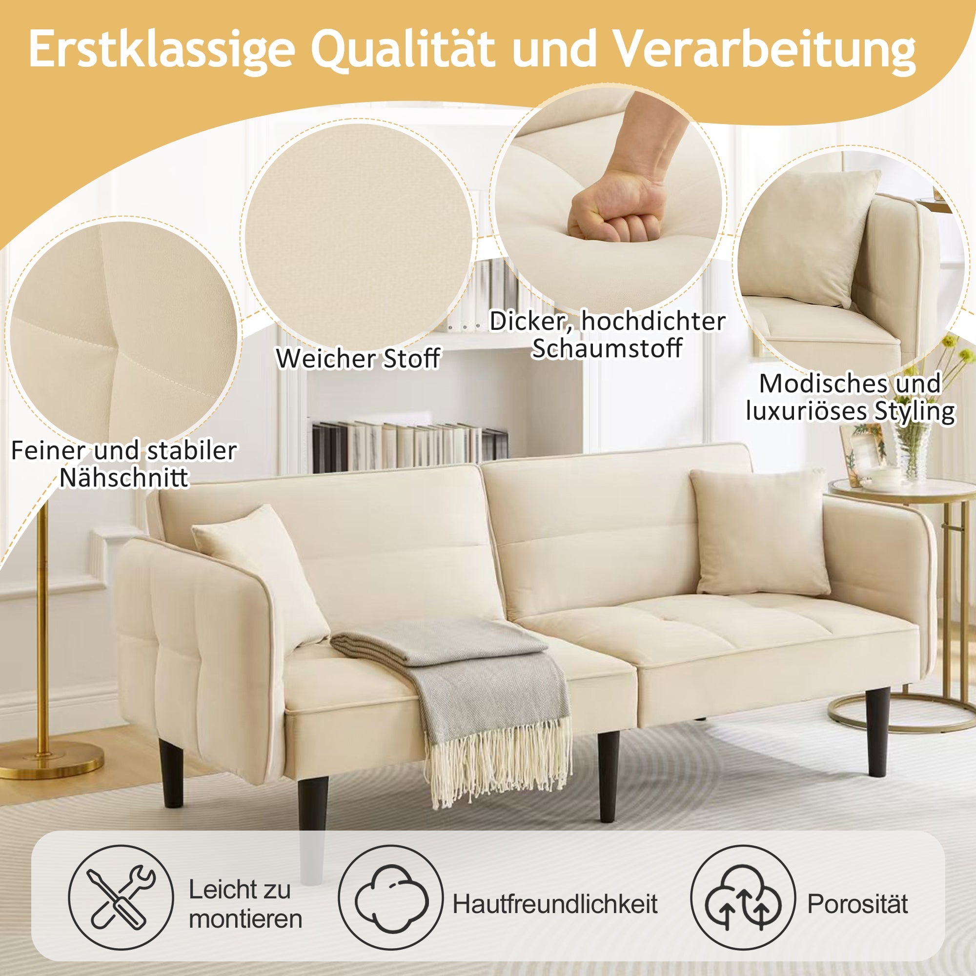 Logidon 2-in-1 slaapbank beige fluwelen hoes verstelbare tweezits