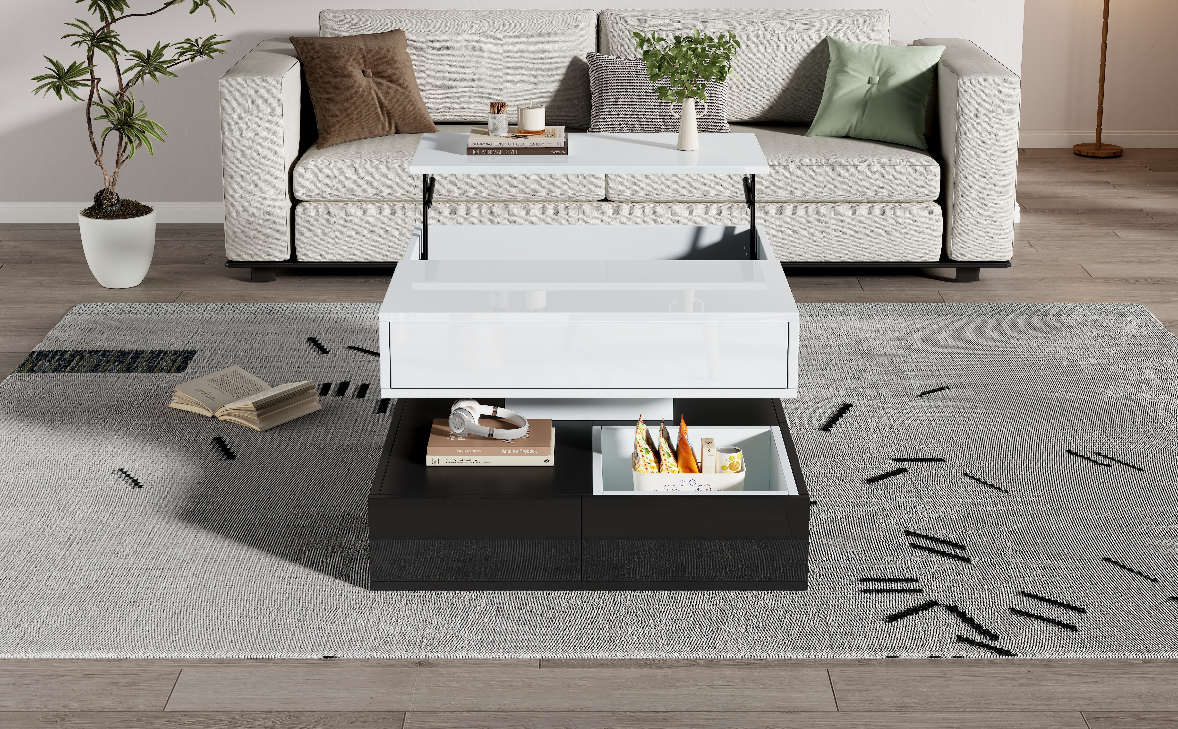 Logidon salontafel 70x70 hefblad 360 graden draaibaar 3 lades wit